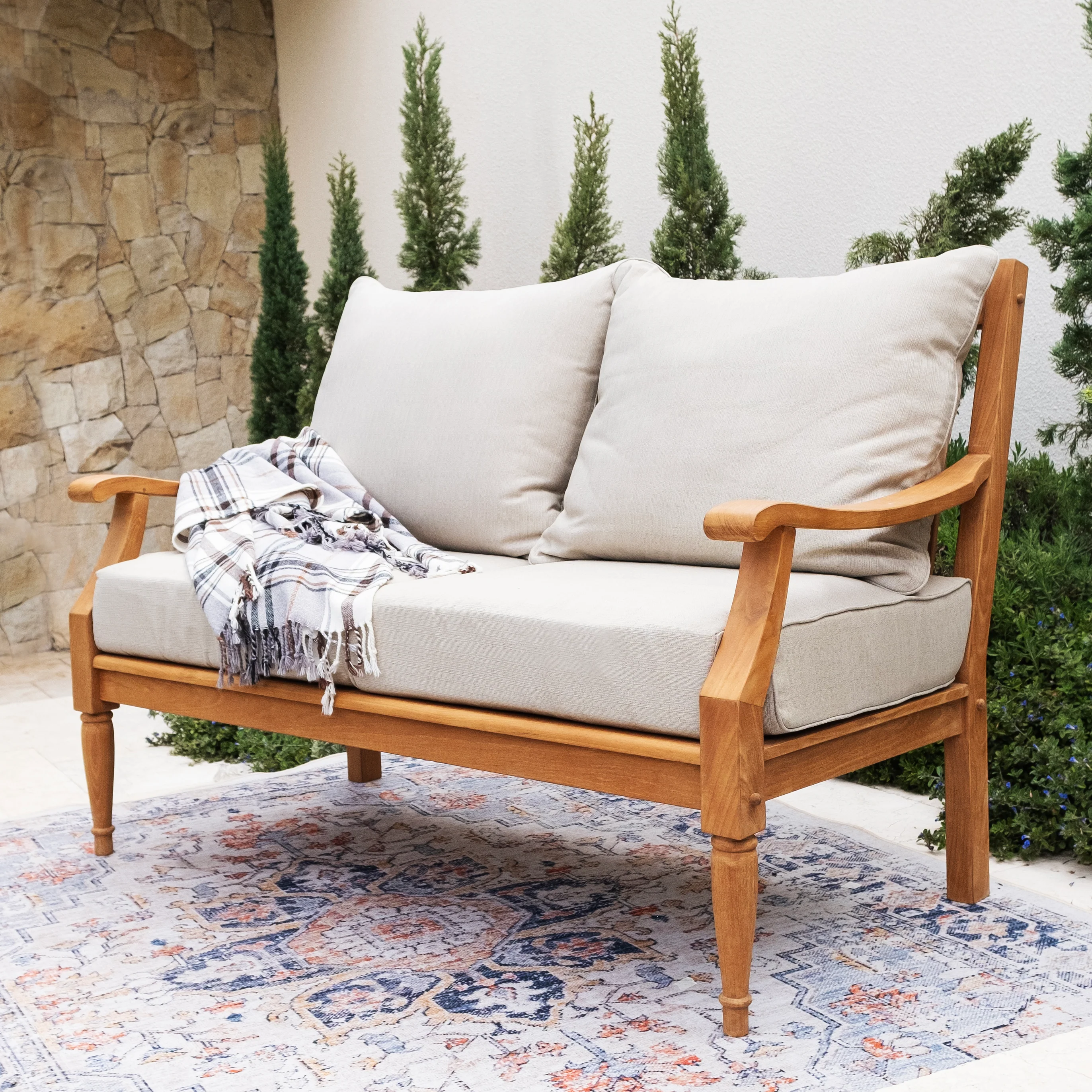 Livingston Teak Wood 4 Pieces Patio Conversation Set with Beige Cushion - Image 7