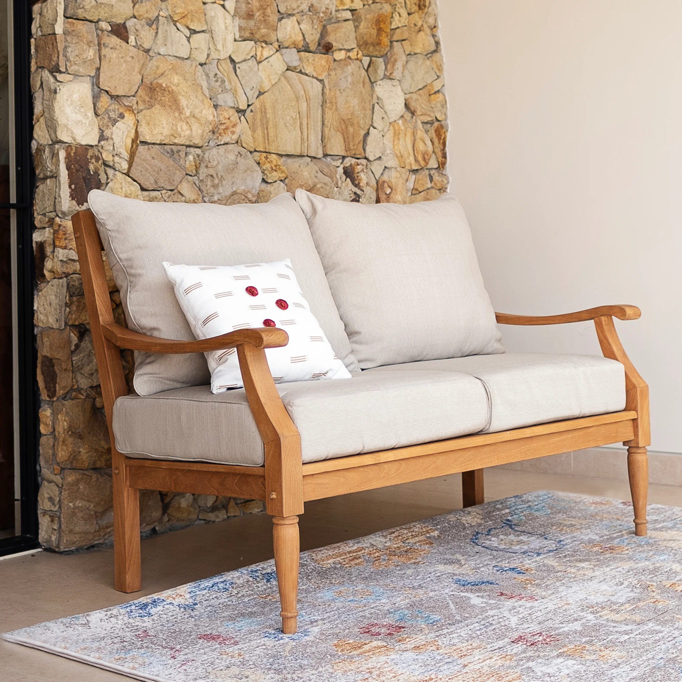 Livingston Teak Wood Patio Loveseat with Beige Cushion - Image 3