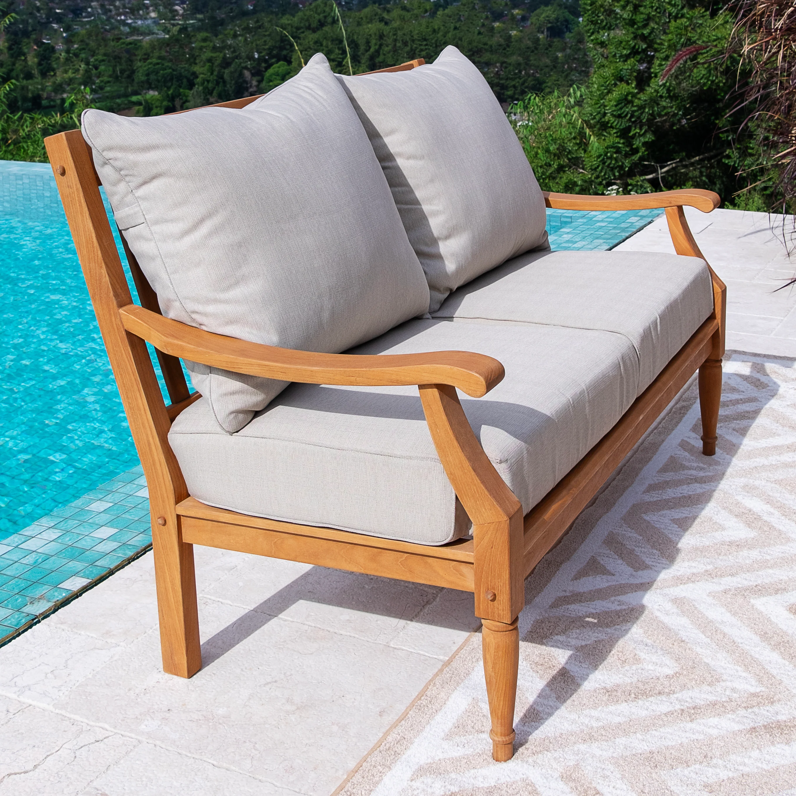 Livingston Teak Wood Patio Loveseat with Beige Cushion - Image 6