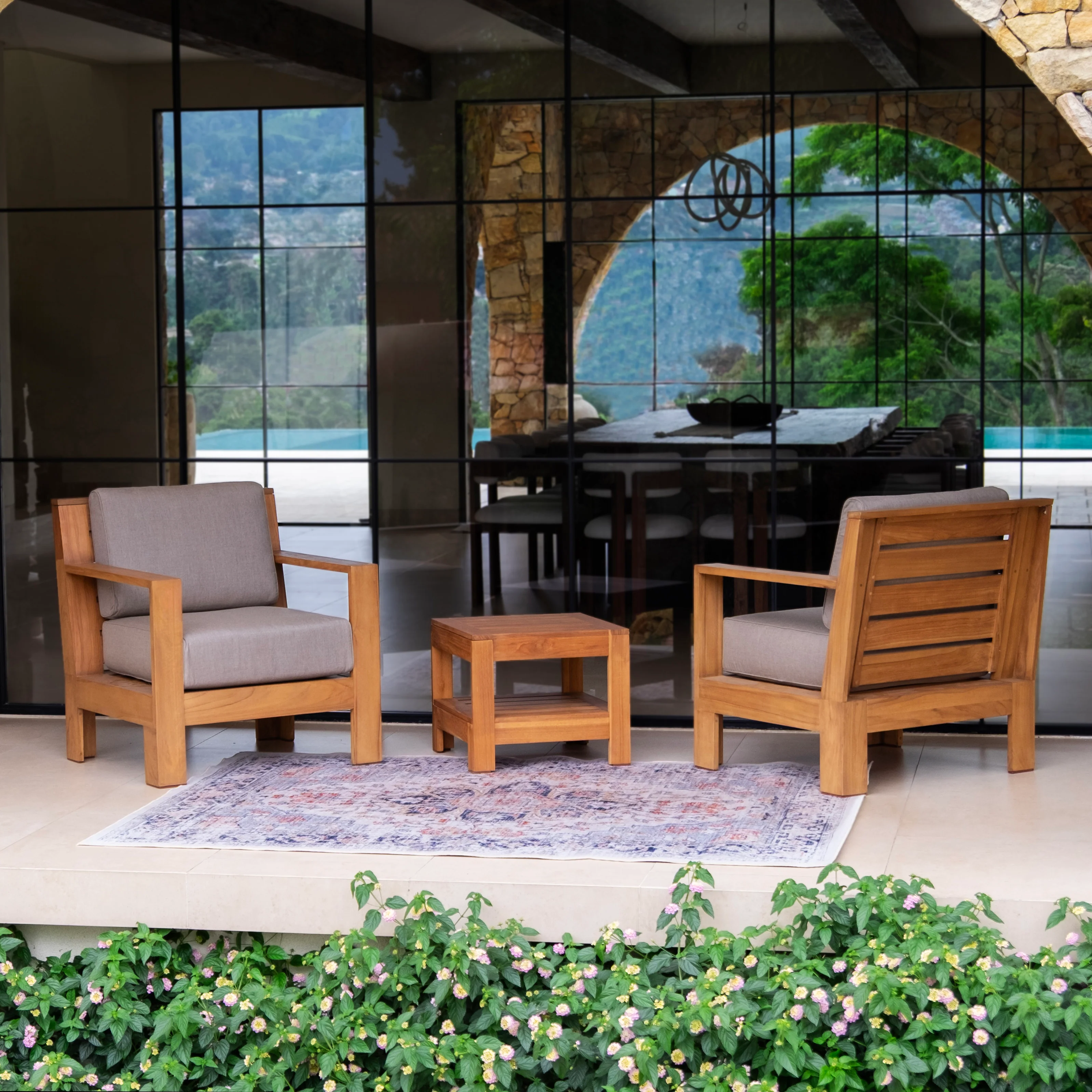 Logan 3 Pieces Teak Wood Patio Conversation Set with Sunbrella Cast Shale Cushion - Image 4