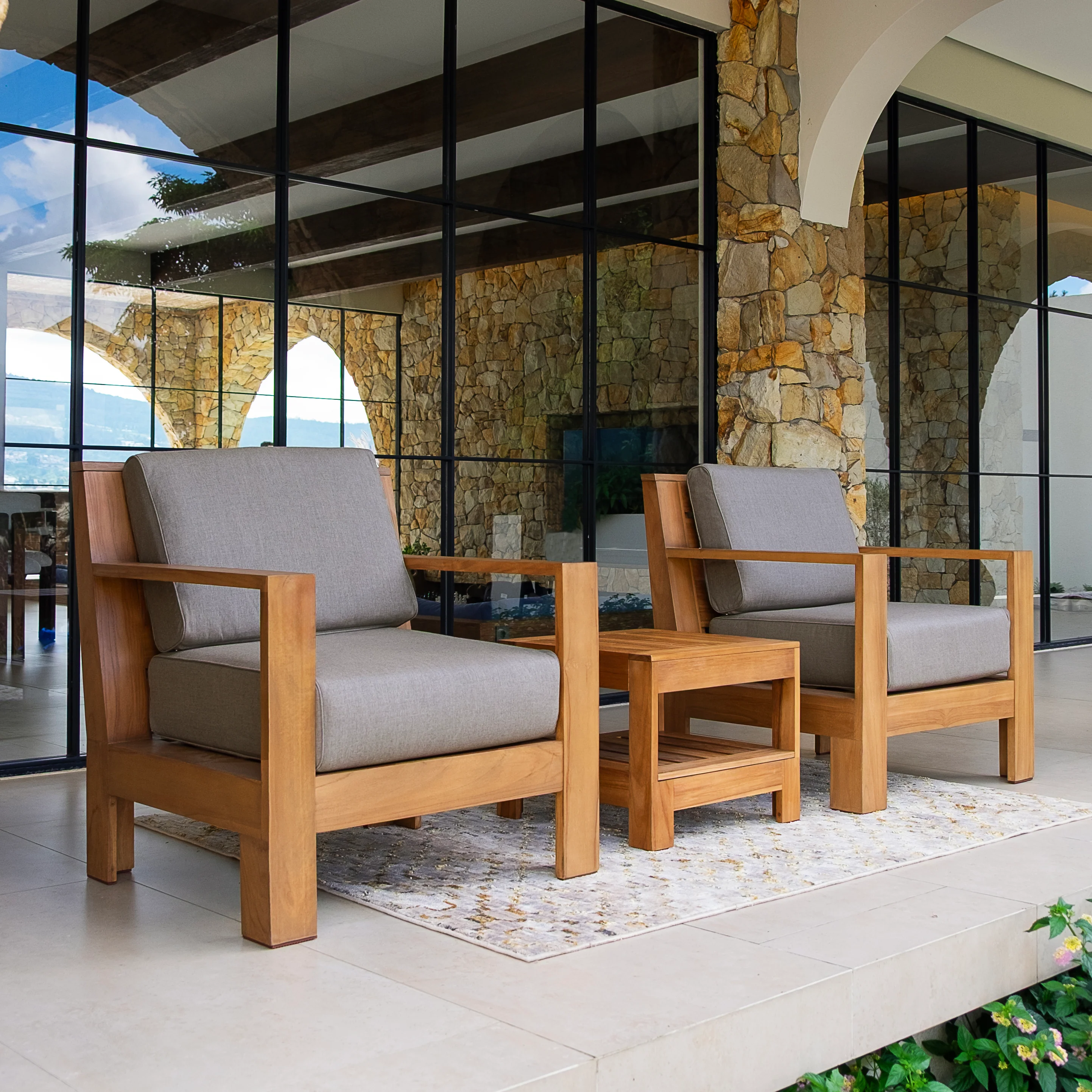 Logan 3 Pieces Teak Wood Patio Conversation Set with Sunbrella Cast Shale Cushion - Image 5