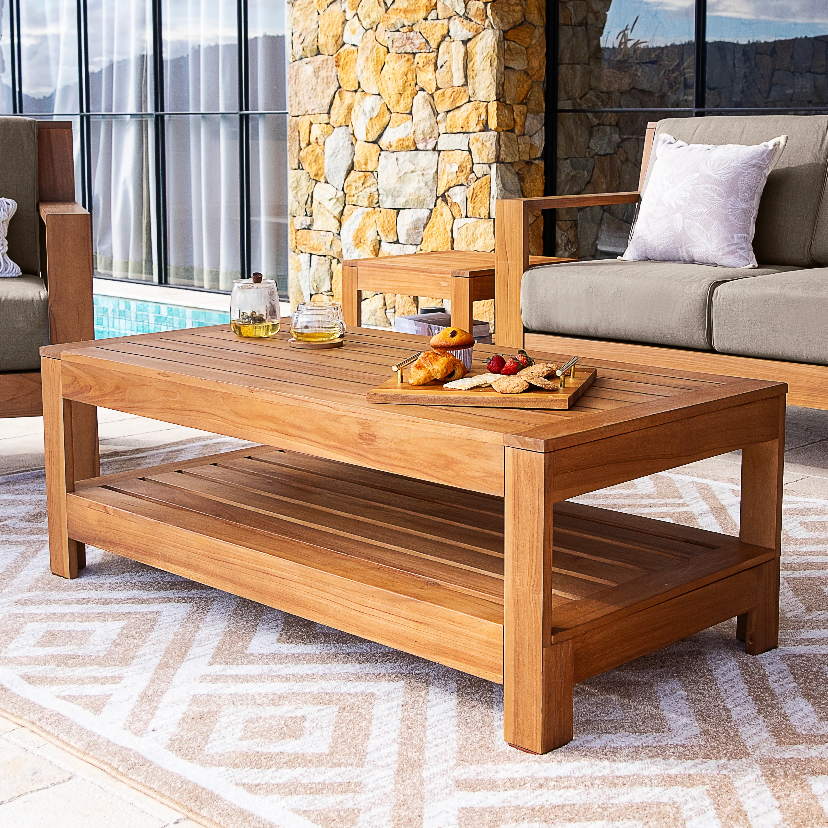 Logan Teak Wood 4 Piece Patio Conversation Set with Sunbrella Cast Shale Cushion - Image 8