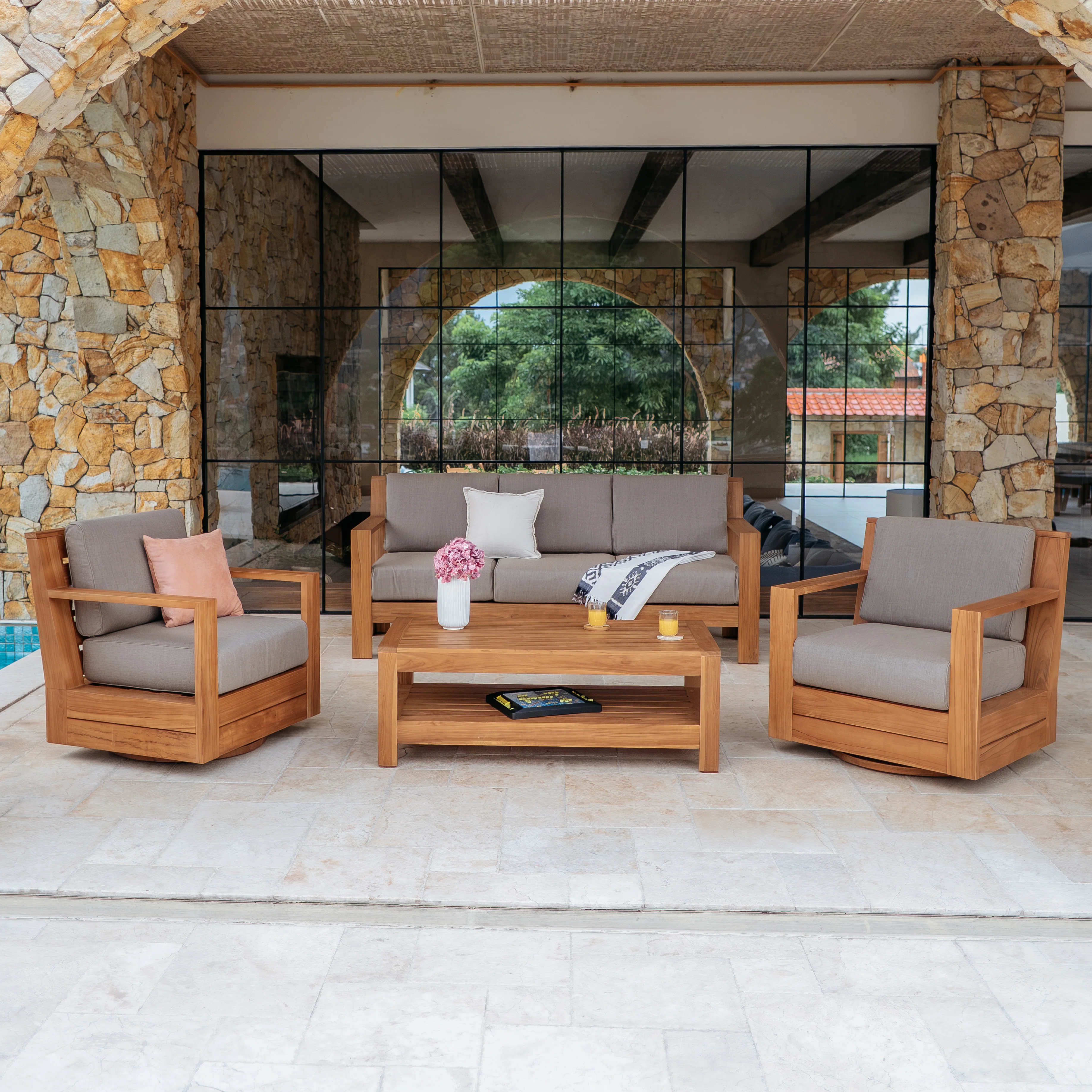 Logan 4 Piece Teak Wood Patio Conversation Set with Sunbrella Cast Shale Cushion - Image 2