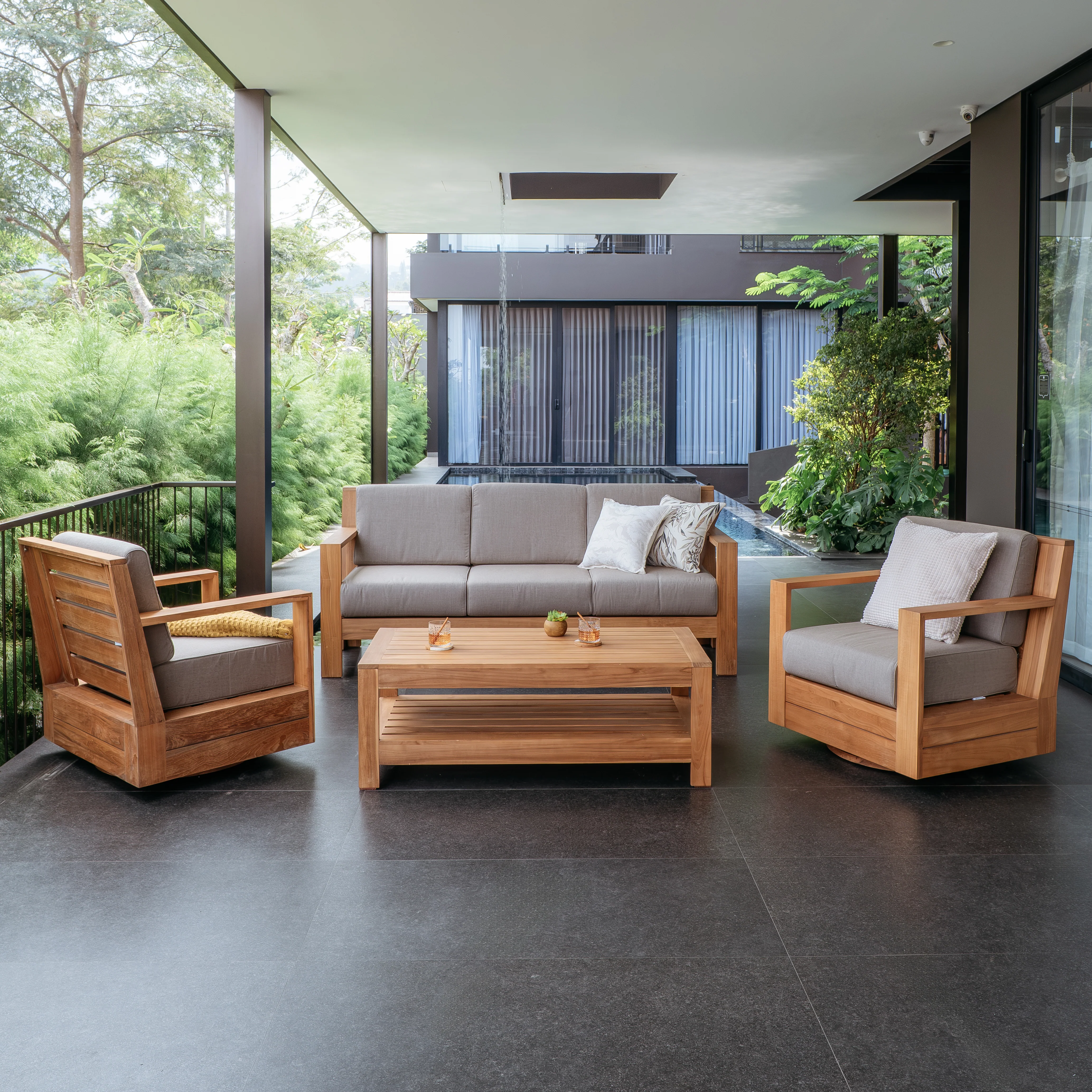Logan 4 Piece Teak Wood Patio Conversation Set with Sunbrella Cast Shale Cushion - Image 3