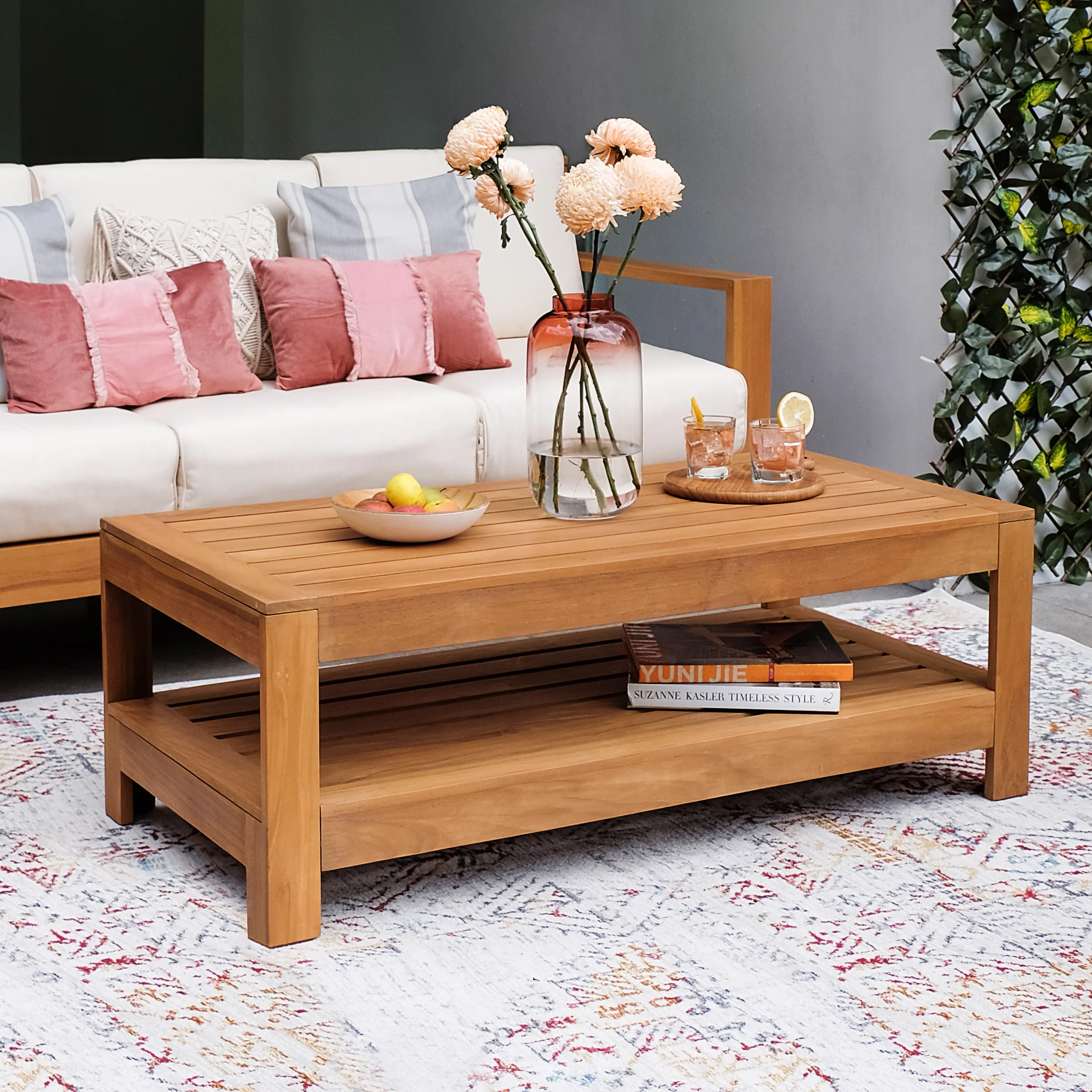 Logan 4 Piece Teak Wood Patio Conversation Set with Sunbrella Vellum Cushion - Image 10