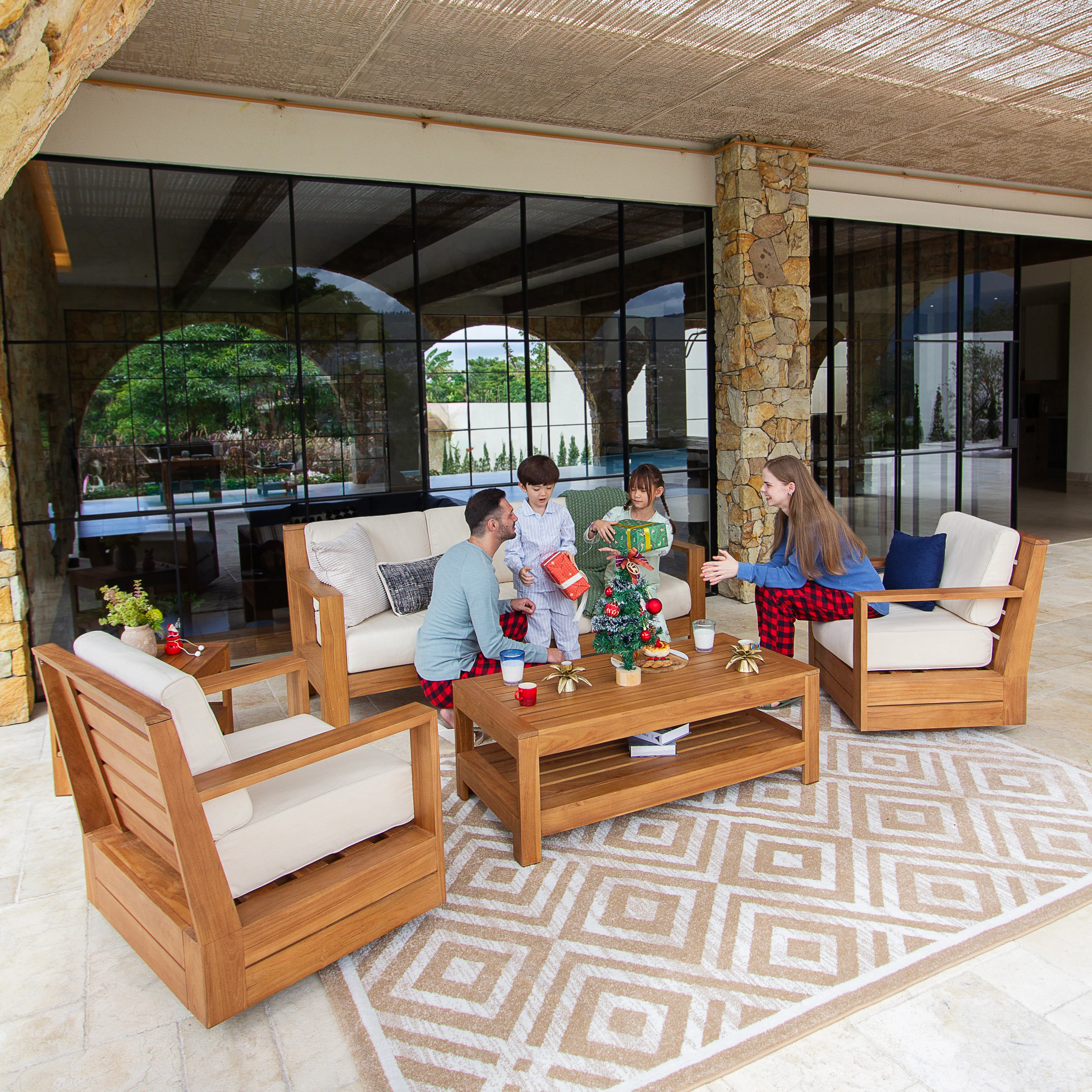 Logan 4 Piece Teak Wood Patio Conversation Set with Sunbrella Vellum Cushion - Image 2
