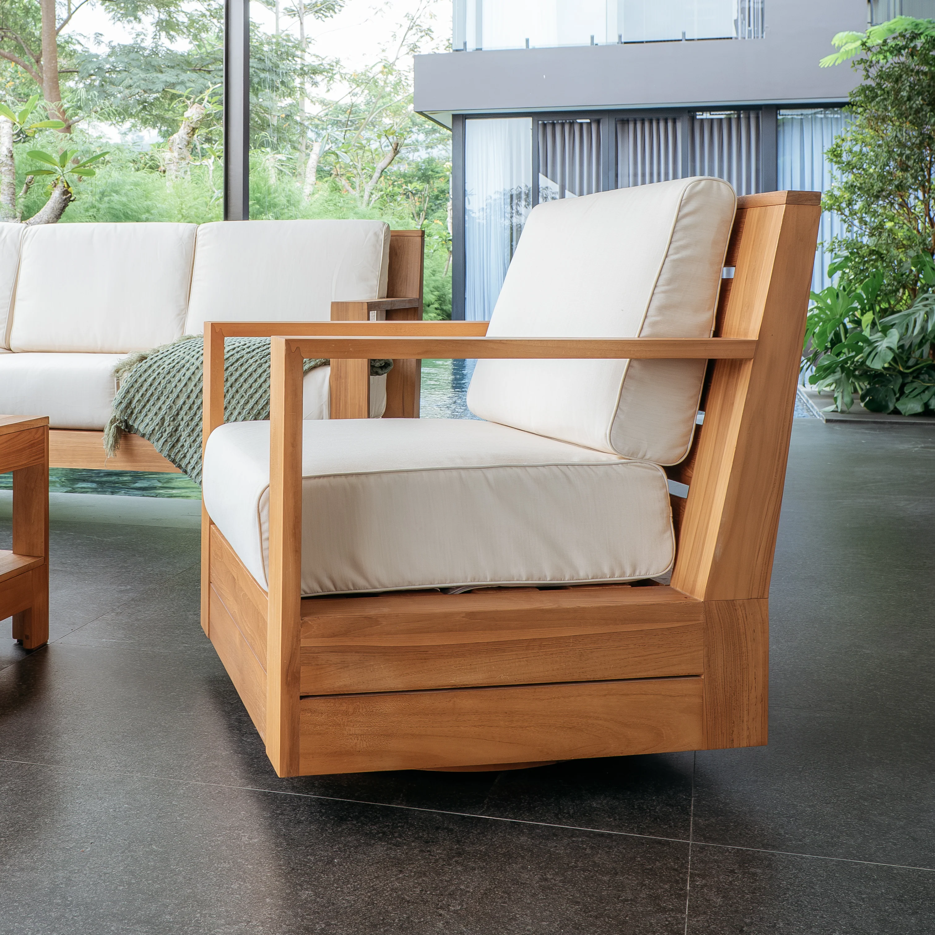 Logan 4 Piece Teak Wood Patio Conversation Set with Sunbrella Vellum Cushion - Image 7
