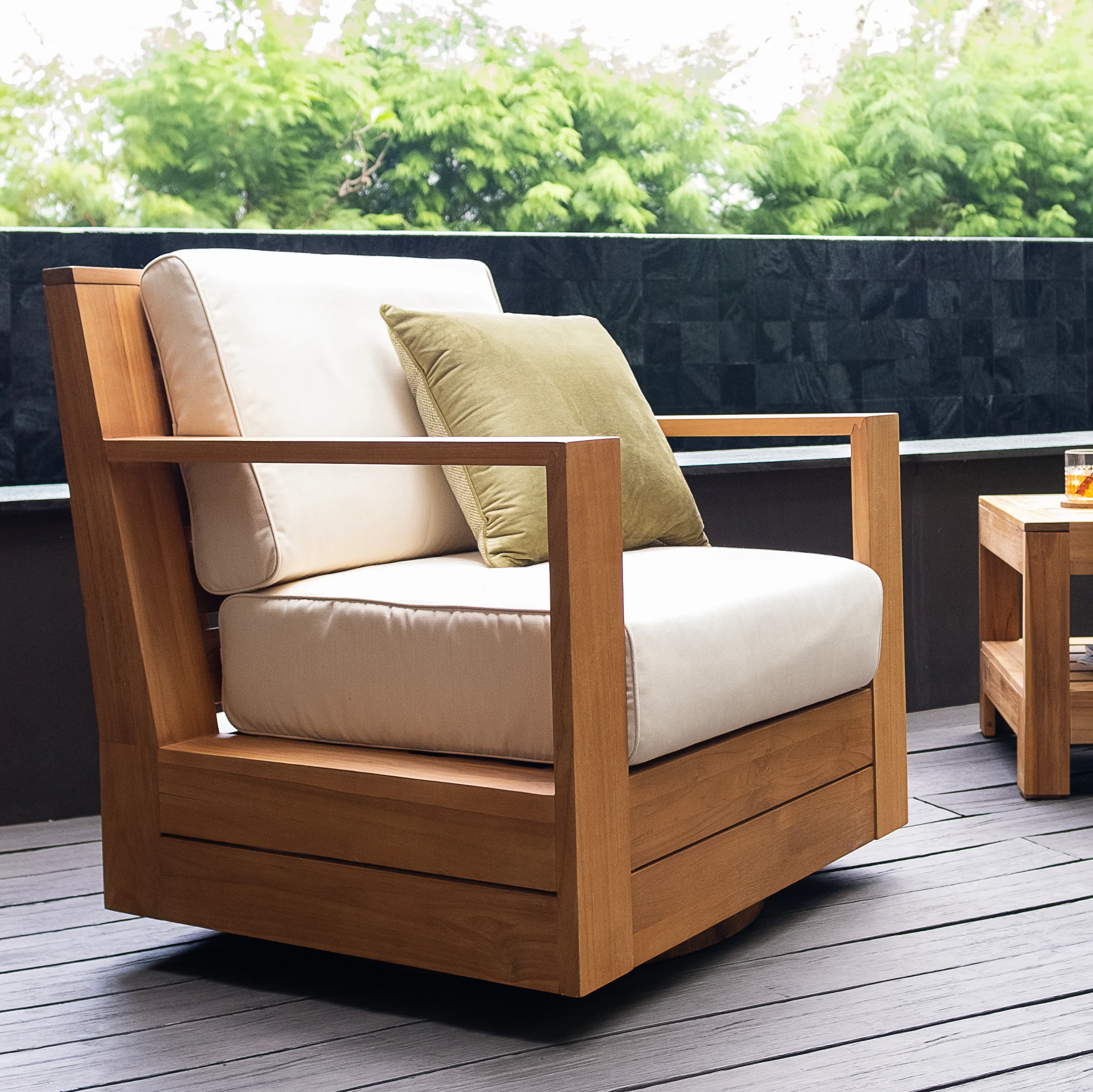 Logan 4 Piece Teak Wood Patio Conversation Set with Sunbrella Vellum Cushion - Image 9