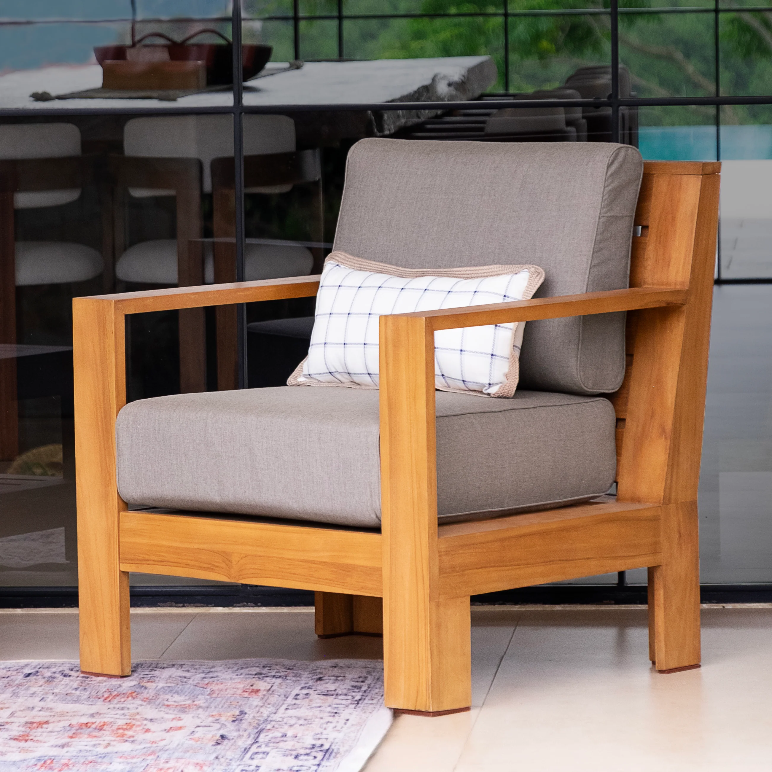 Logan 5 Piece Teak Wood Patio Conversation Set with Sunbrella Cast Shale Cushion - Image 10