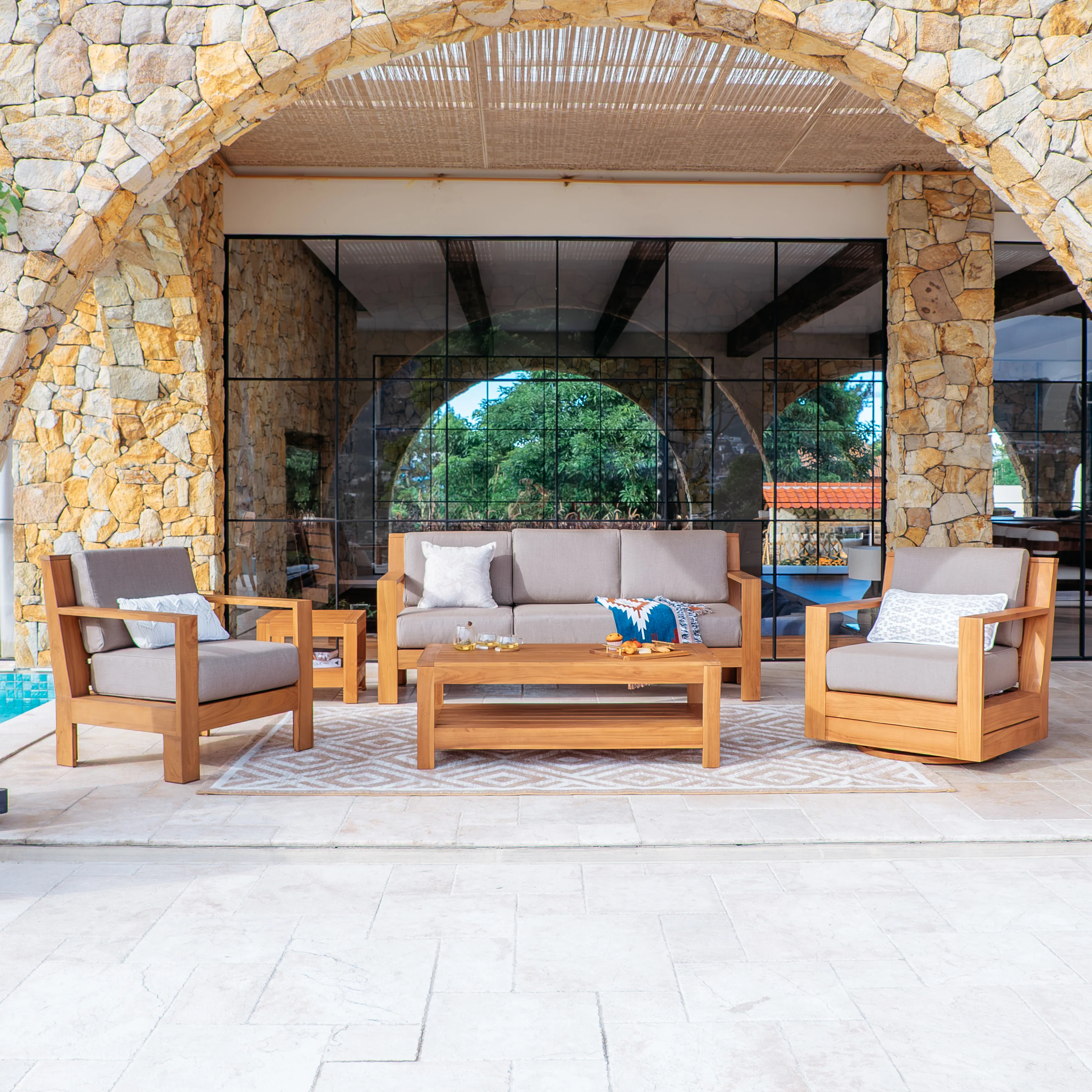 Logan 5 Piece Teak Wood Patio Conversation Set with Sunbrella Cast Shale Cushion - Image 2