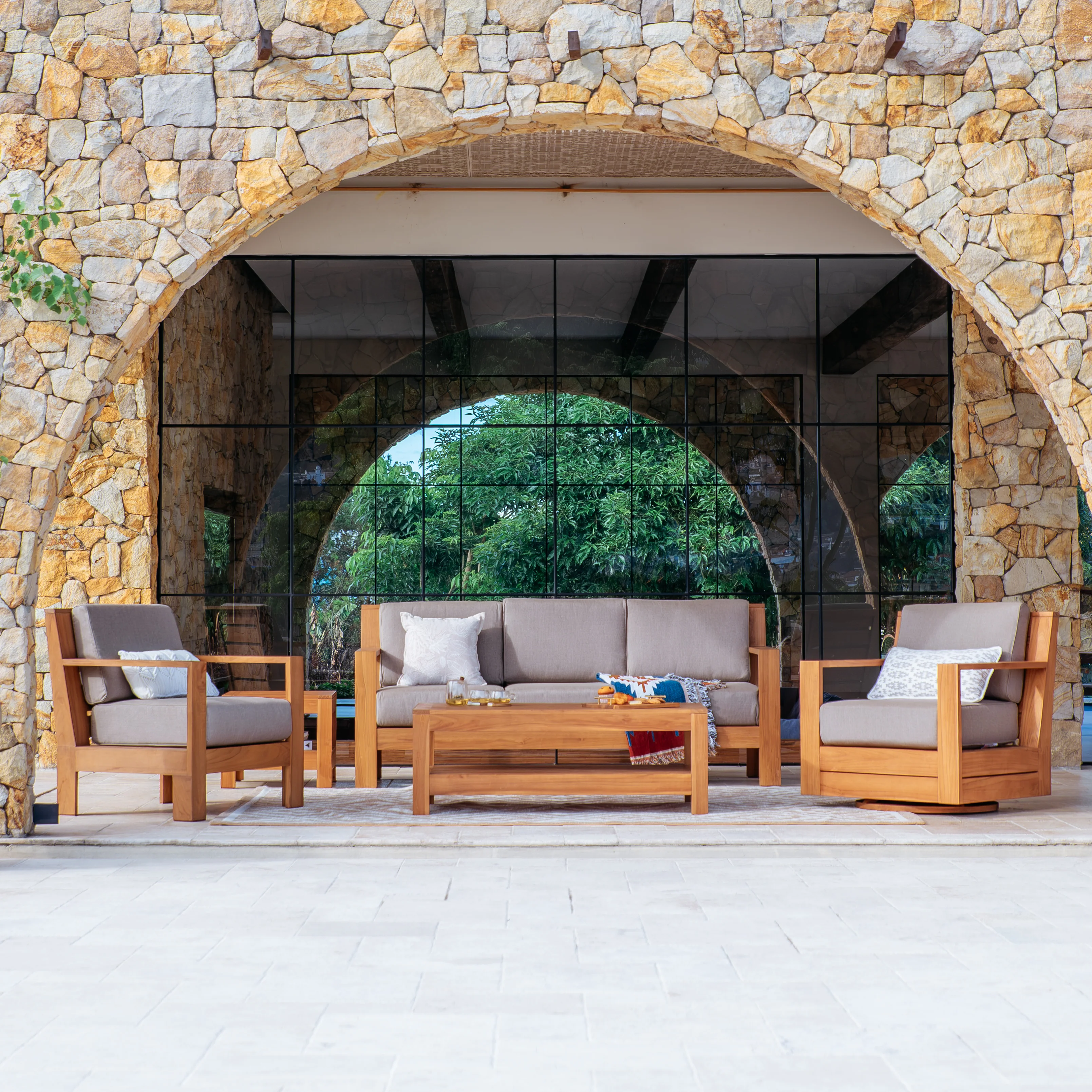 Logan 5 Piece Teak Wood Patio Conversation Set with Sunbrella Cast Shale Cushion - Image 5