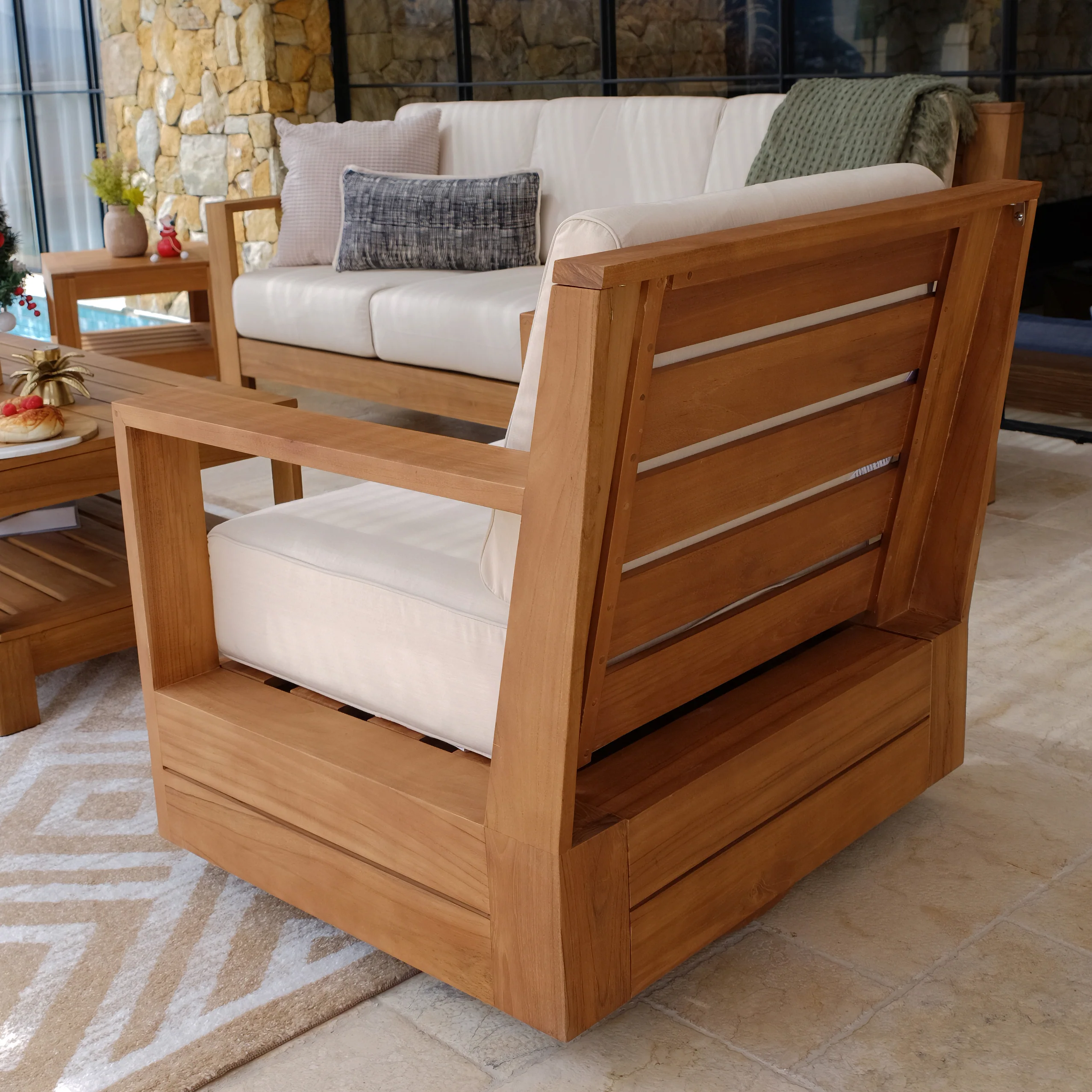 Logan 5 Piece Teak Wood Patio Conversation Set with Sunbrella Vellum Cushion - Image 10