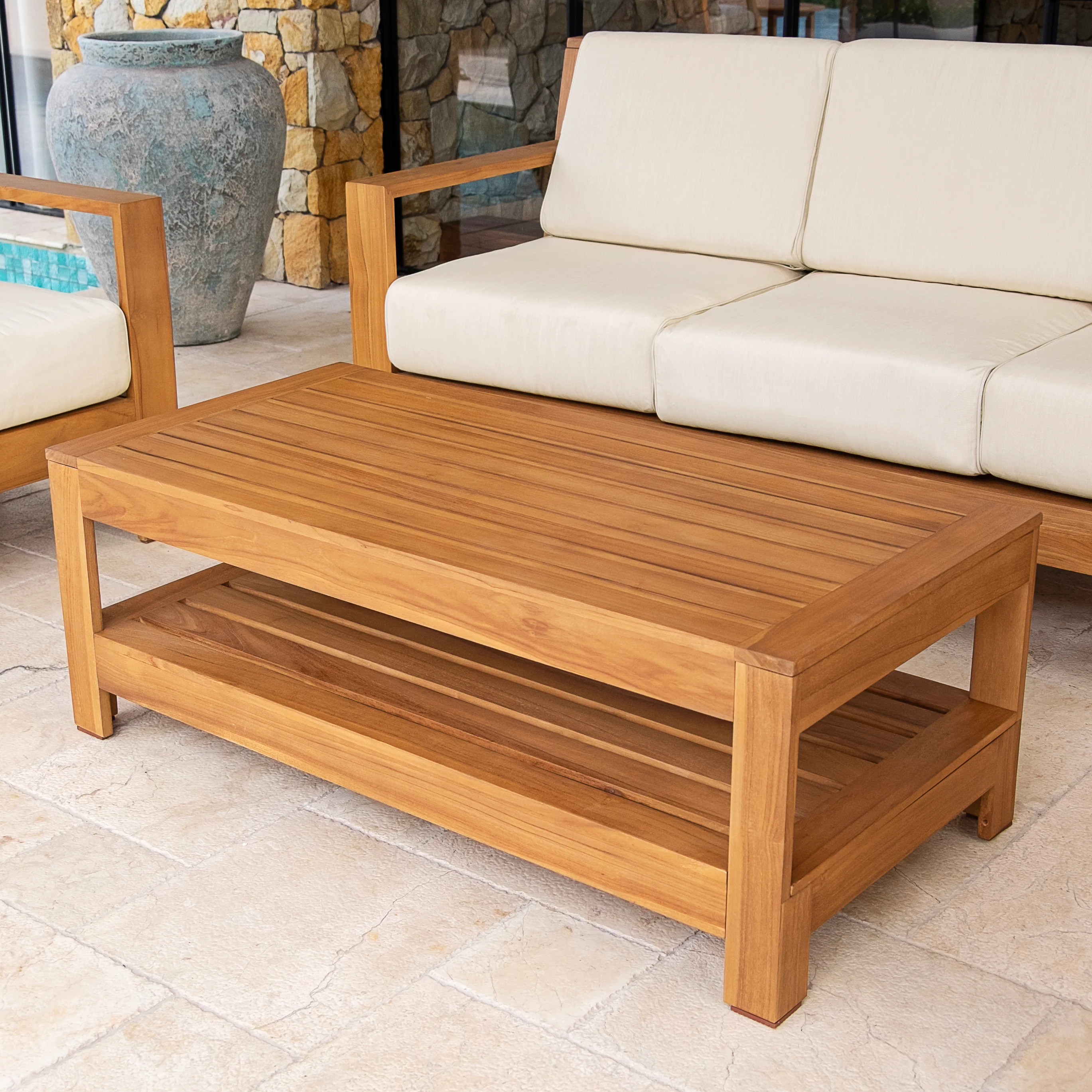 Logan 5 Piece Teak Wood Patio Conversation Set with Sunbrella Vellum Cushion - Image 13
