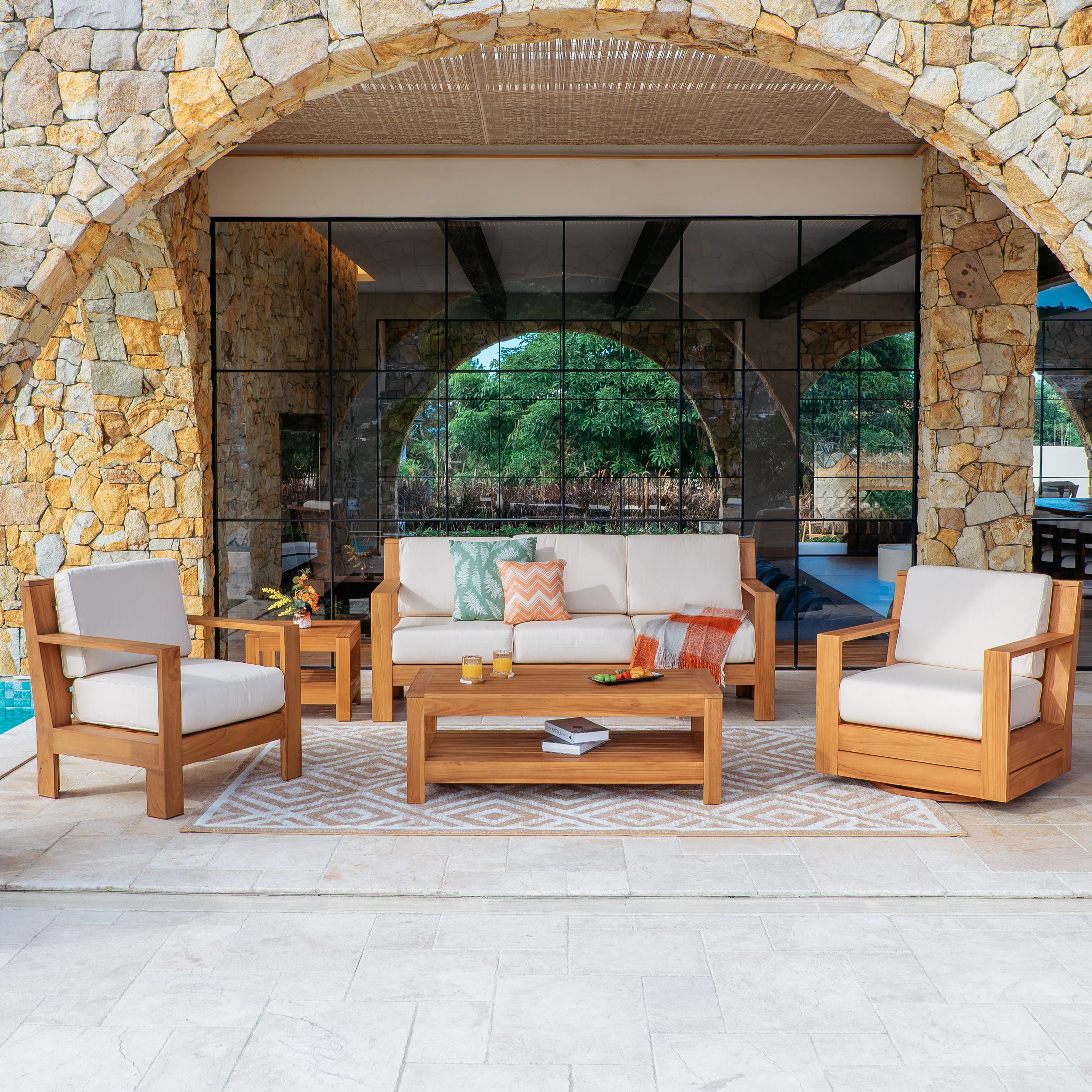 Logan 5 Piece Teak Wood Patio Conversation Set with Sunbrella Vellum Cushion - Image 2