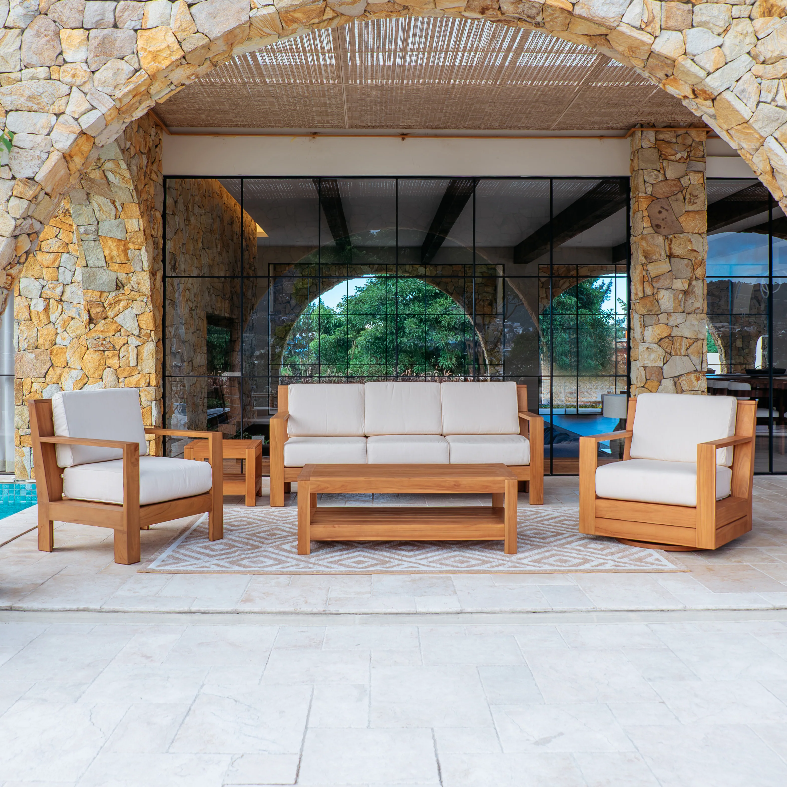 Logan 5 Piece Teak Wood Patio Conversation Set with Sunbrella Vellum Cushion - Image 5