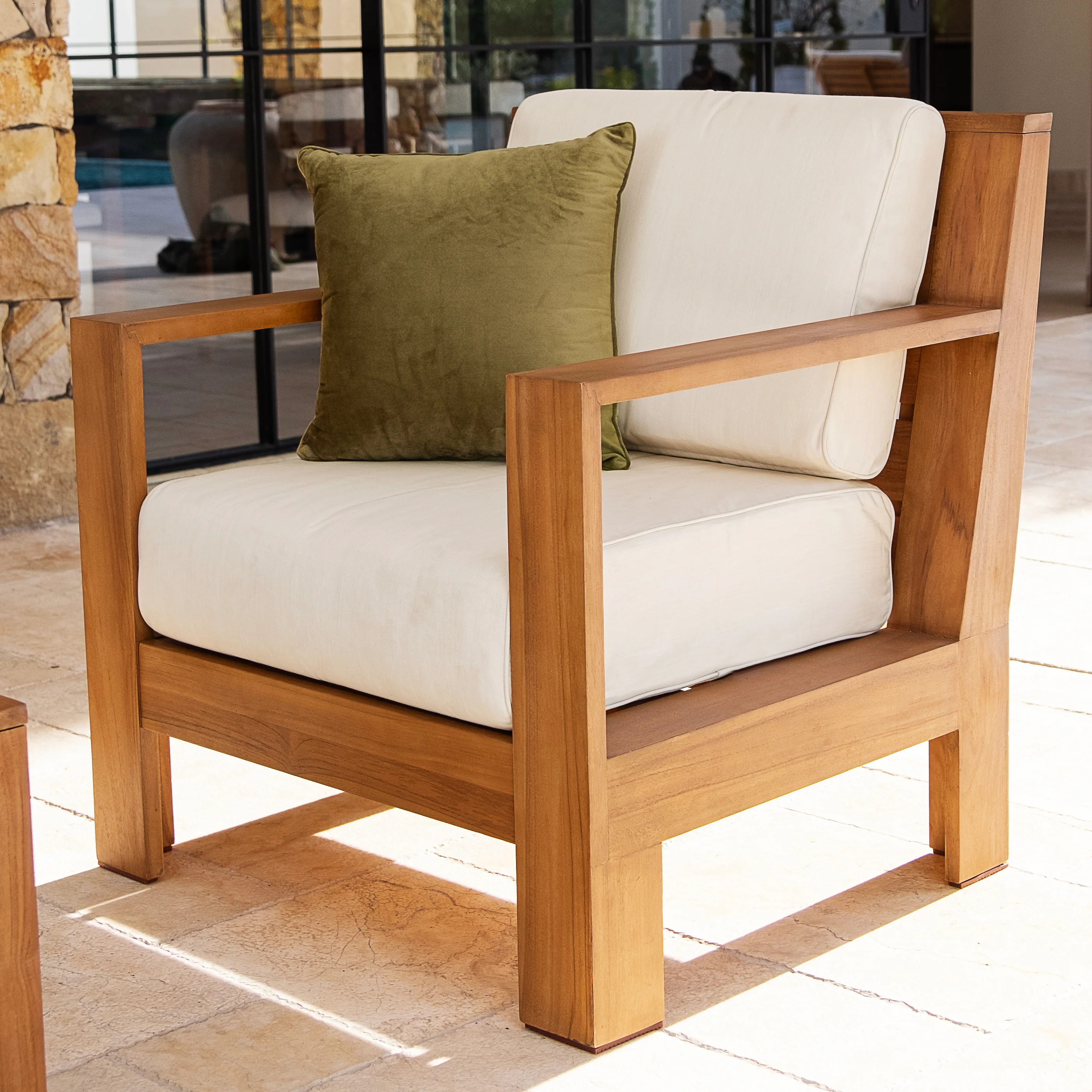 Logan 5 Piece Teak Wood Patio Conversation Set with Sunbrella Vellum Cushion - Image 7