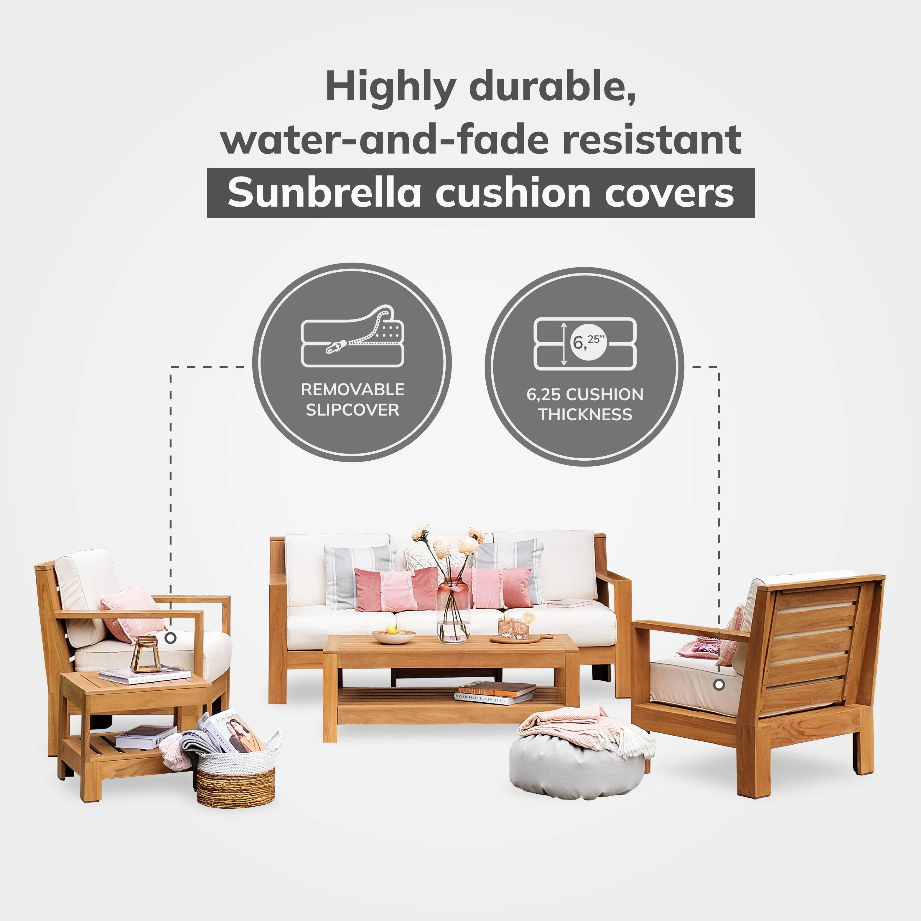 Logan Teak Wood 5 Pieces Patio Conversation Set with Sunbrella Vellum Cushion - Image 4