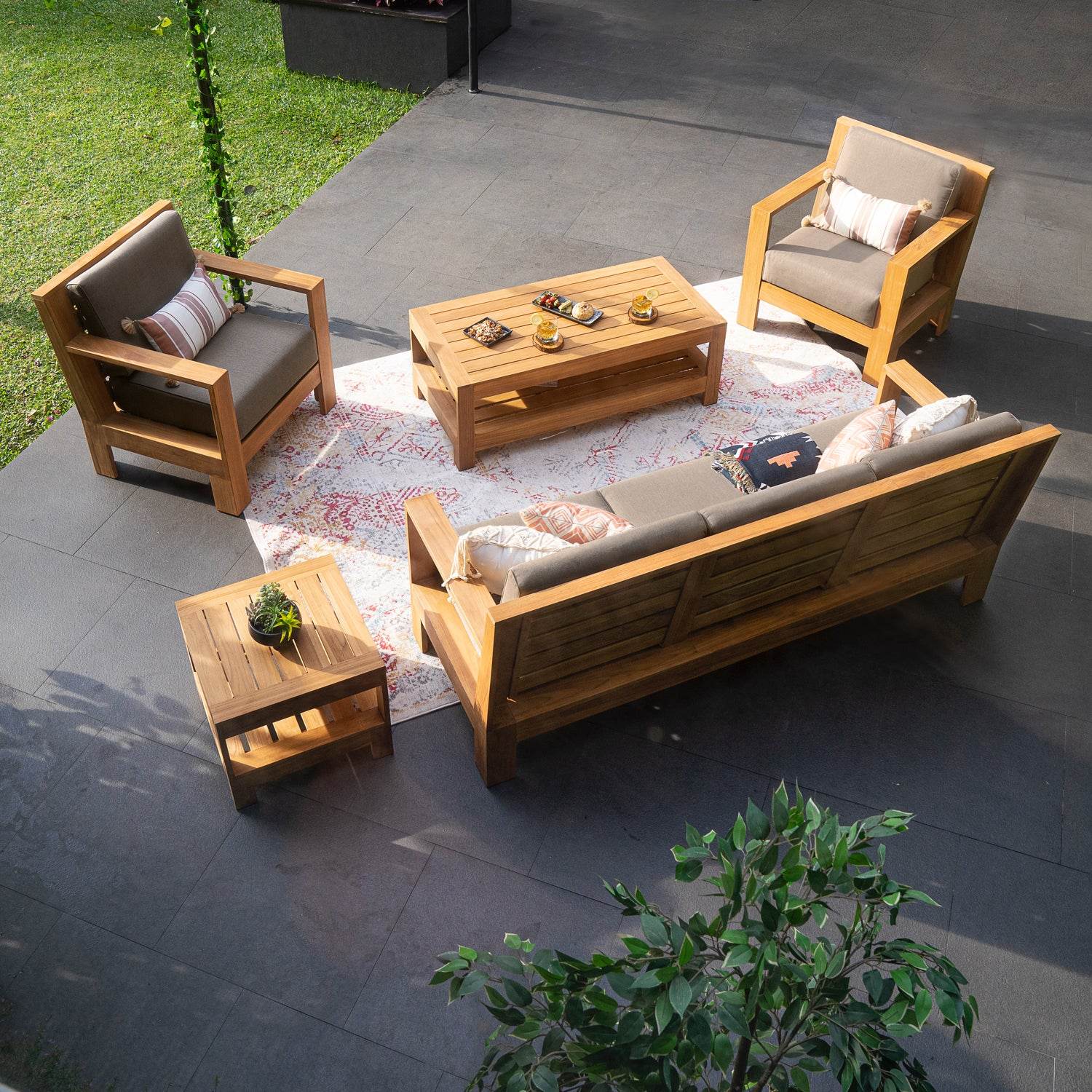 Logan 5 Pieces Teak Wood Patio Conversation Set with Sunbrella Cast Shale Cushion - Image 6