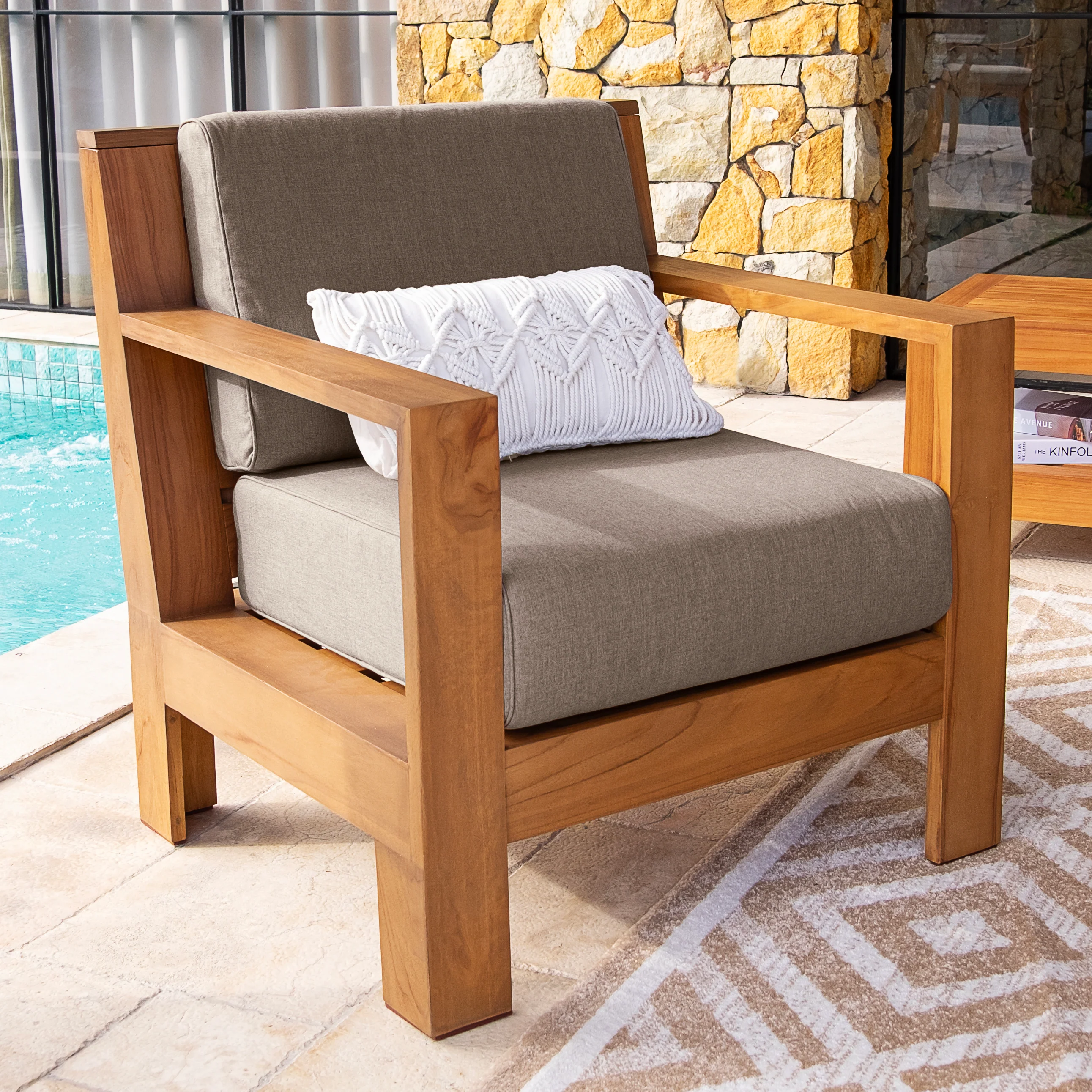 Logan Teak Outdoor Lounge Chair with Sunbrella Cast Shale Cushion - Image 3