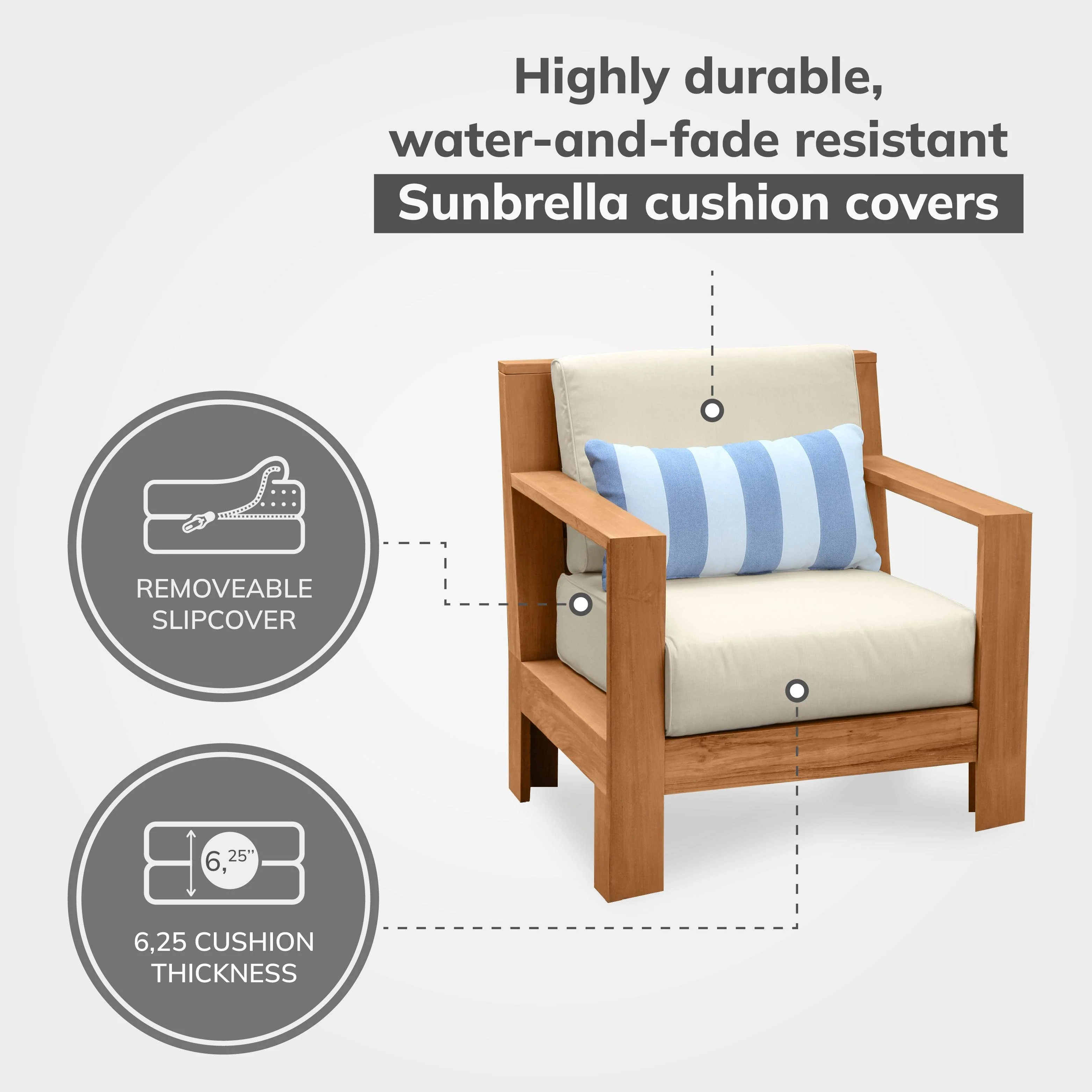 Logan Teak Outdoor Lounge Chair with Sunbrella Cast Shale Cushion - Image 4