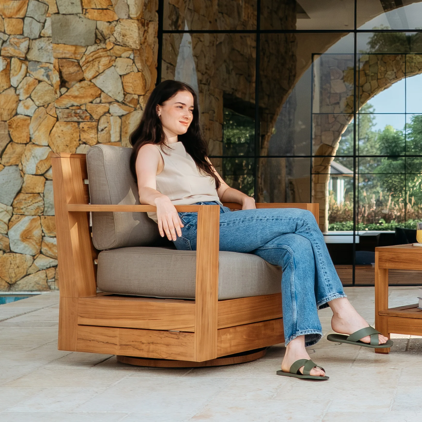 Logan Teak Outdoor Swivel with Sunbrella Cast Shale Cushion - Image 2