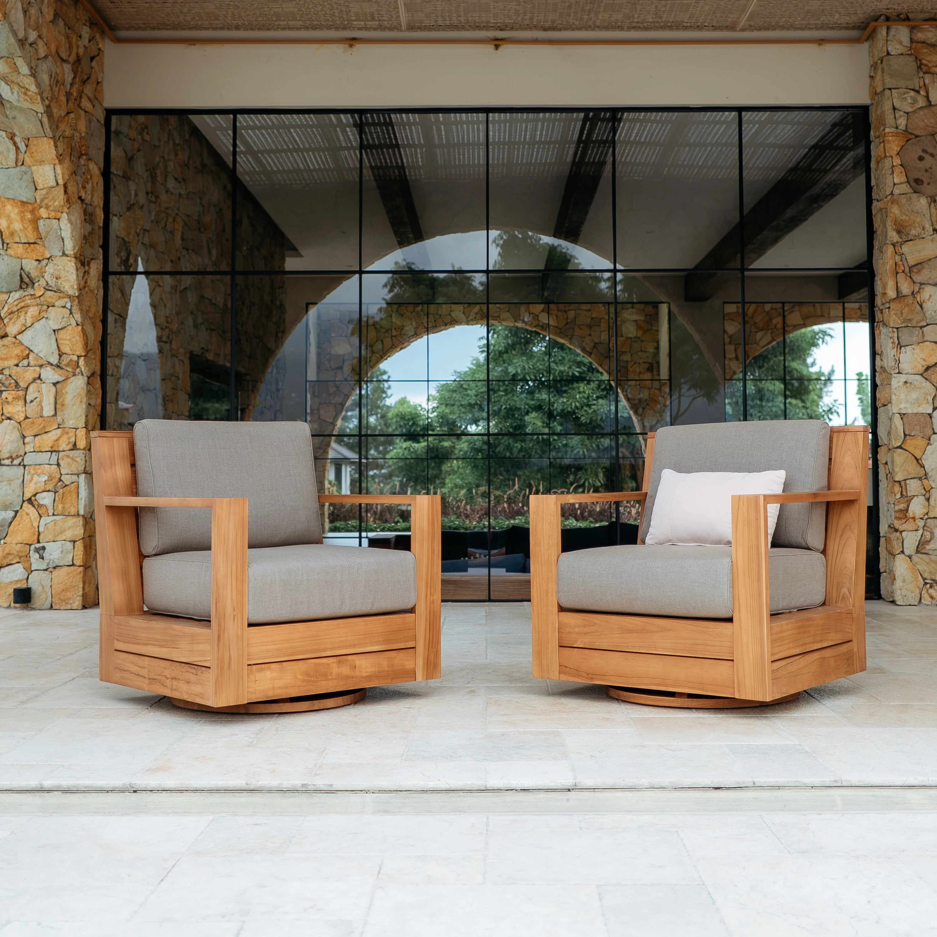 Logan Teak Outdoor Swivel with Sunbrella Cast Shale Cushion - Image 3