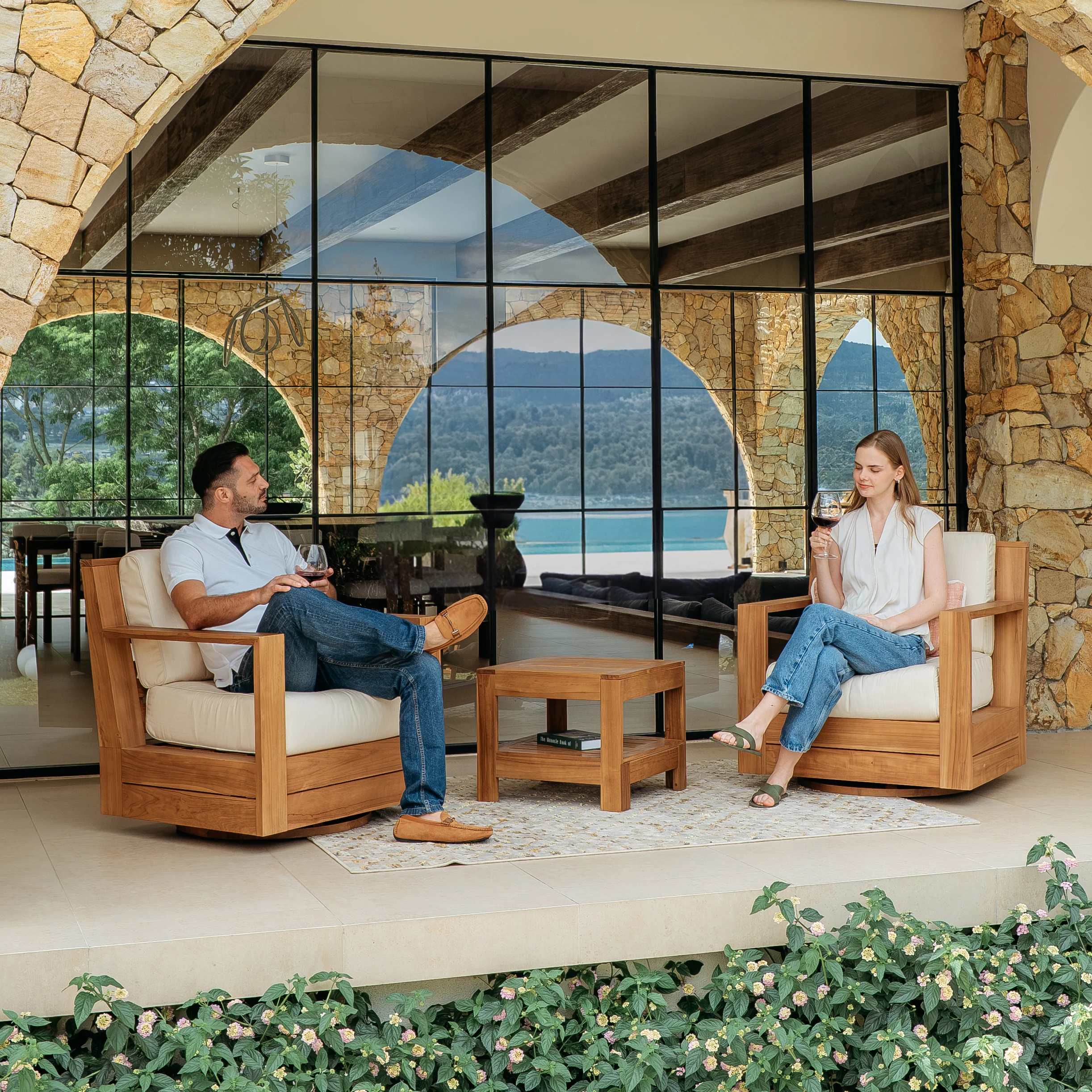 Logan Teak Wood 3 Piece Patio Conversation Set with Sunbrella Vellum Cushion - Image 2