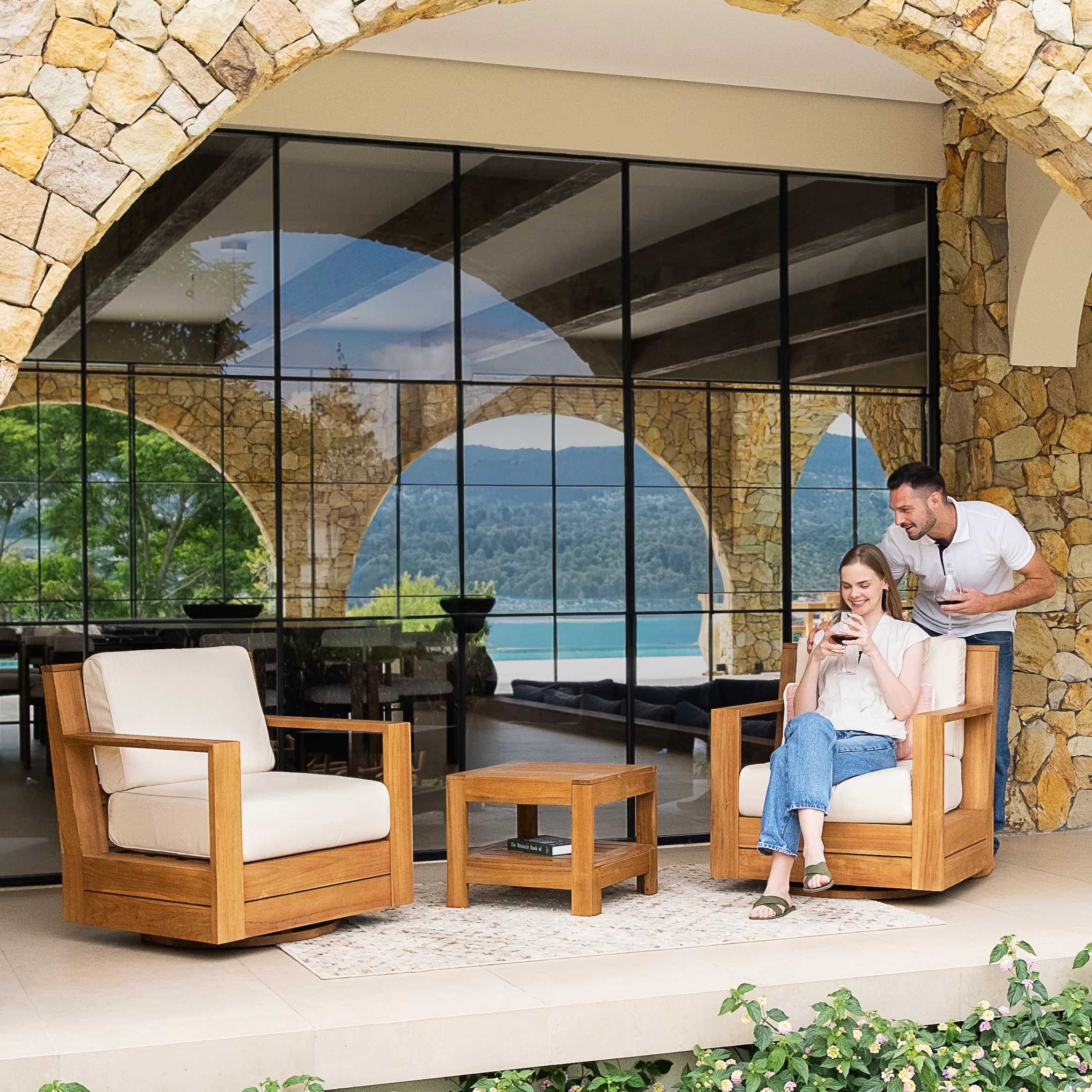 Logan Teak Wood 3 Piece Patio Conversation Set with Sunbrella Vellum Cushion - Image 3