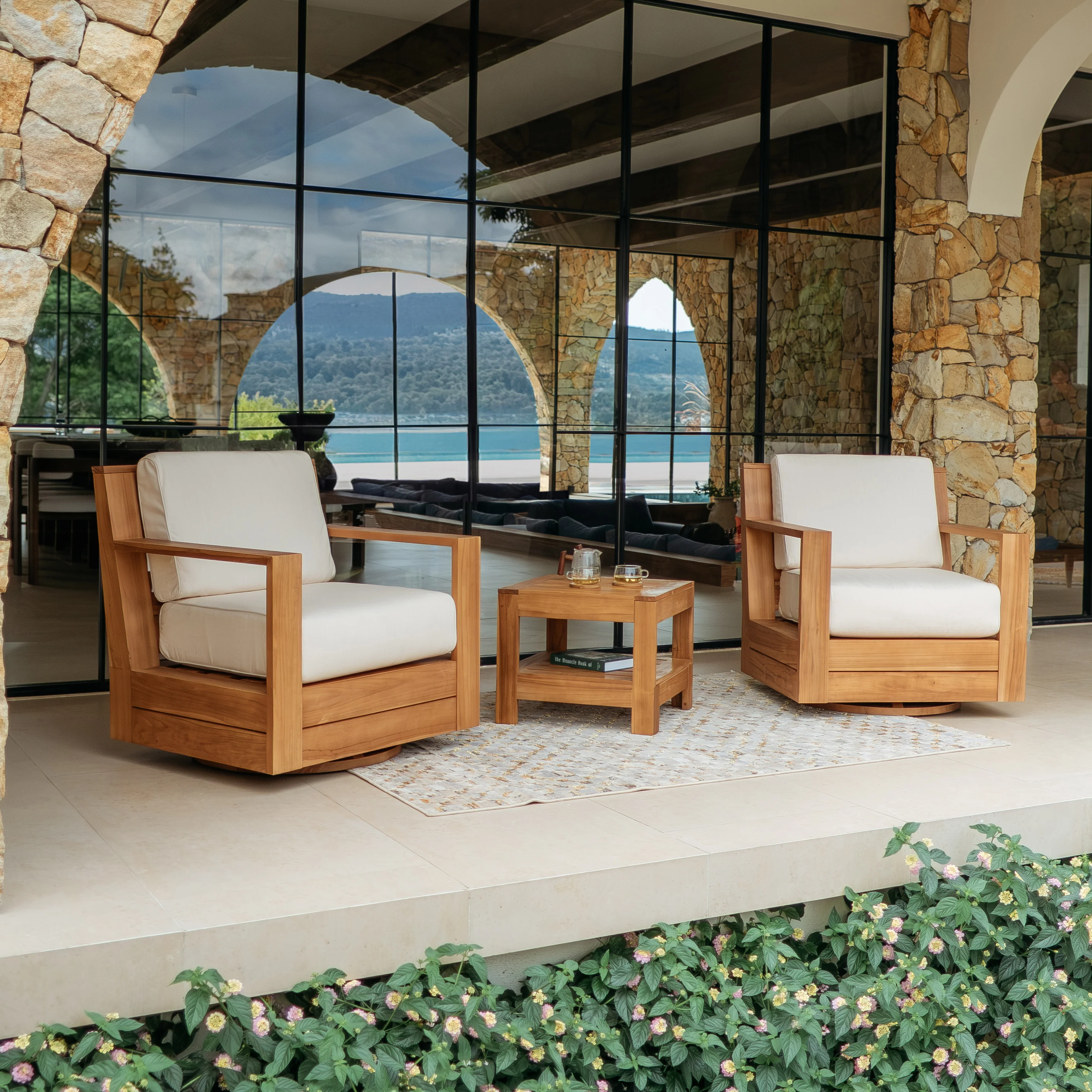 Logan Teak Outdoor Swivel with Sunbrella Vellum Cushion - Image 5