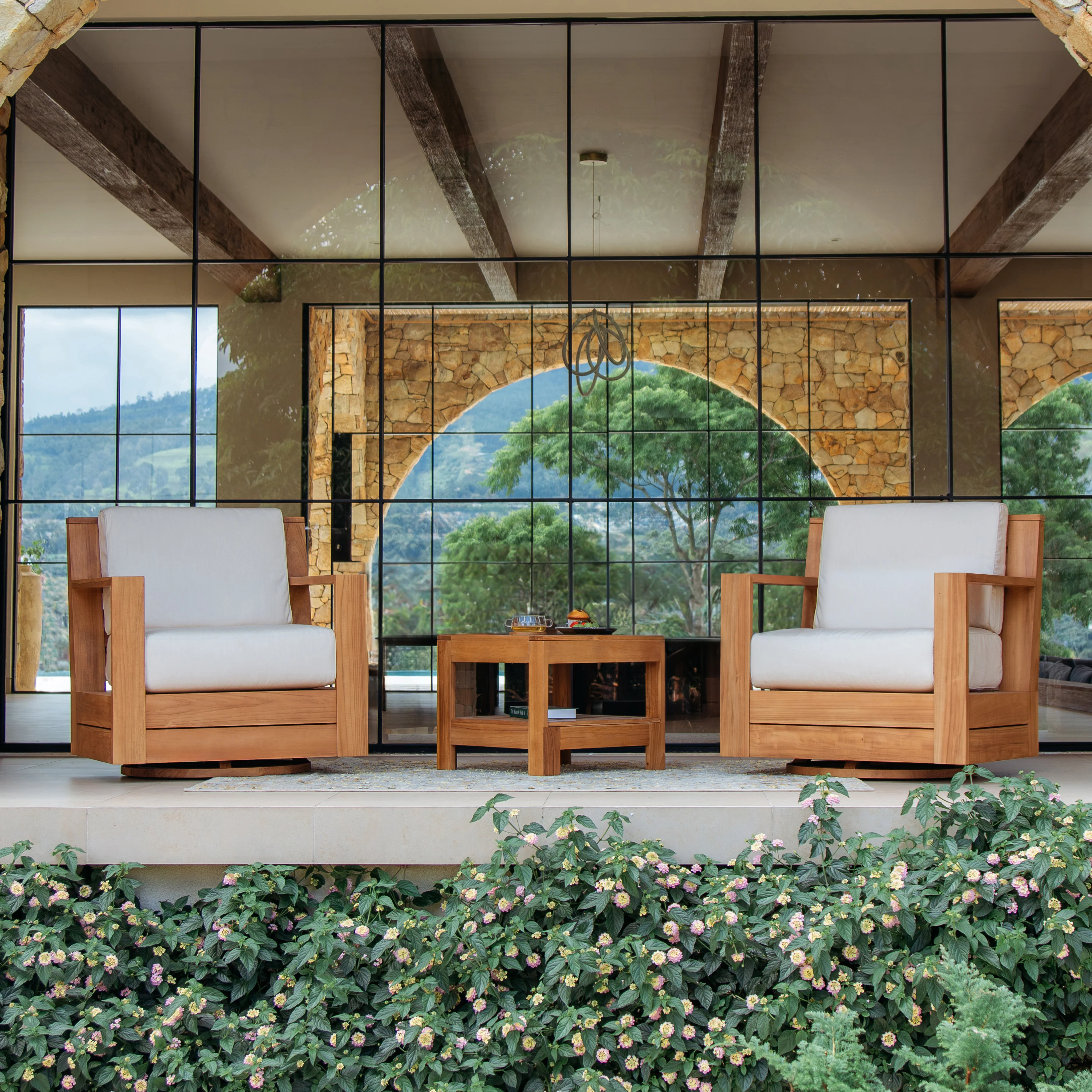 Logan Teak Wood 3 Piece Patio Conversation Set with Sunbrella Vellum Cushion - Image 9