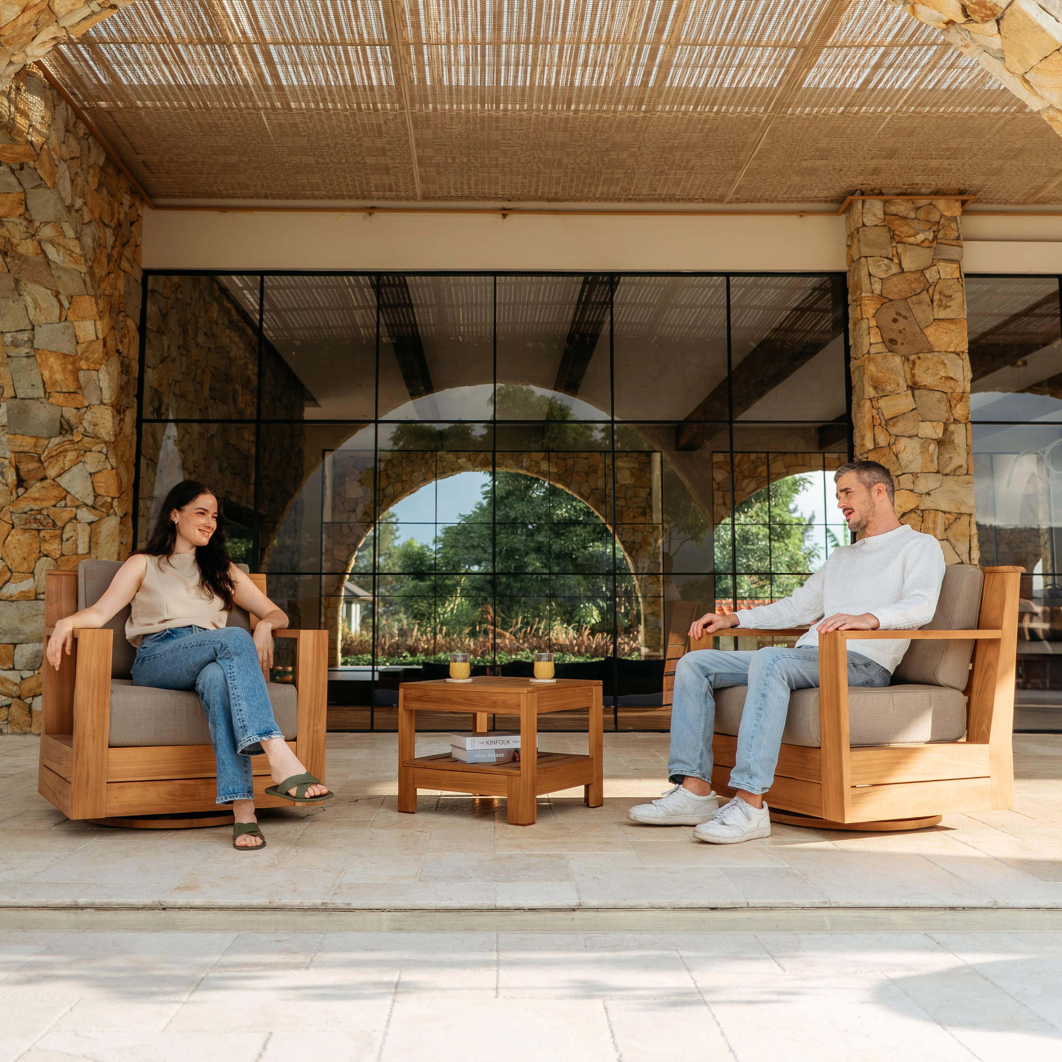 Logan Teak Wood 3 Piece Patio Conversation Set with Sunbrella Cast Shale Cushion - Image 2