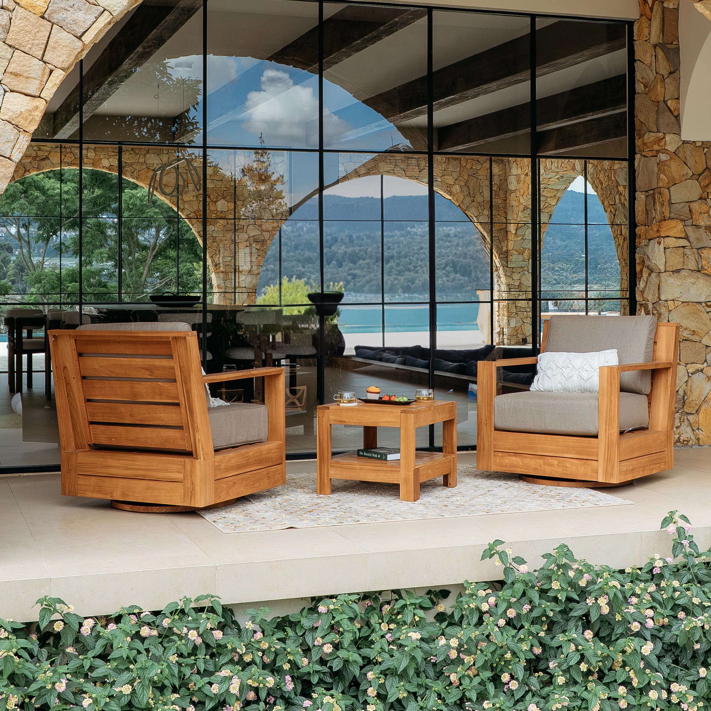 Logan Teak Wood 3 Piece Patio Conversation Set with Sunbrella Cast Shale Cushion - Image 3