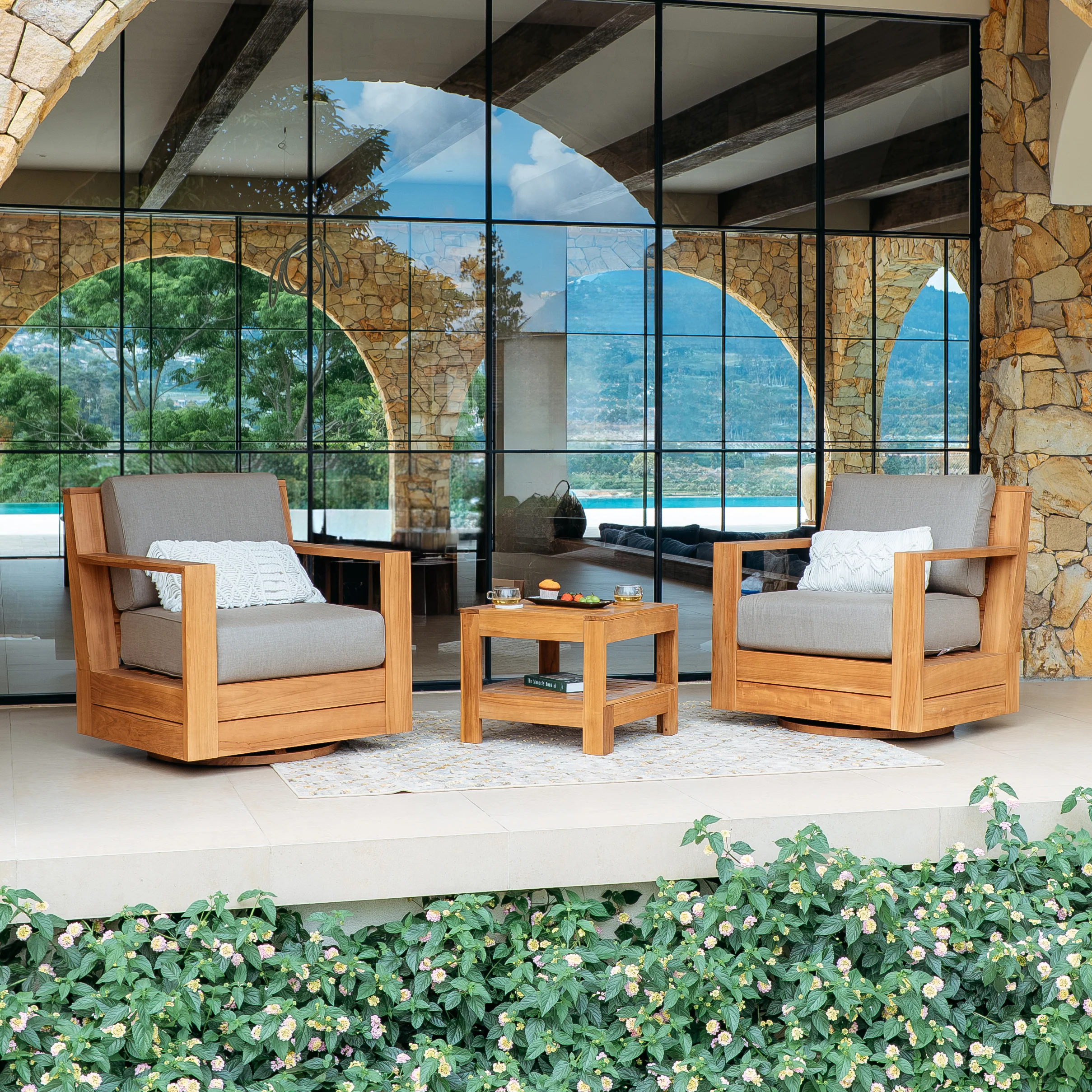 Logan Teak Wood 3 Piece Patio Conversation Set with Sunbrella Cast Shale Cushion - Image 4