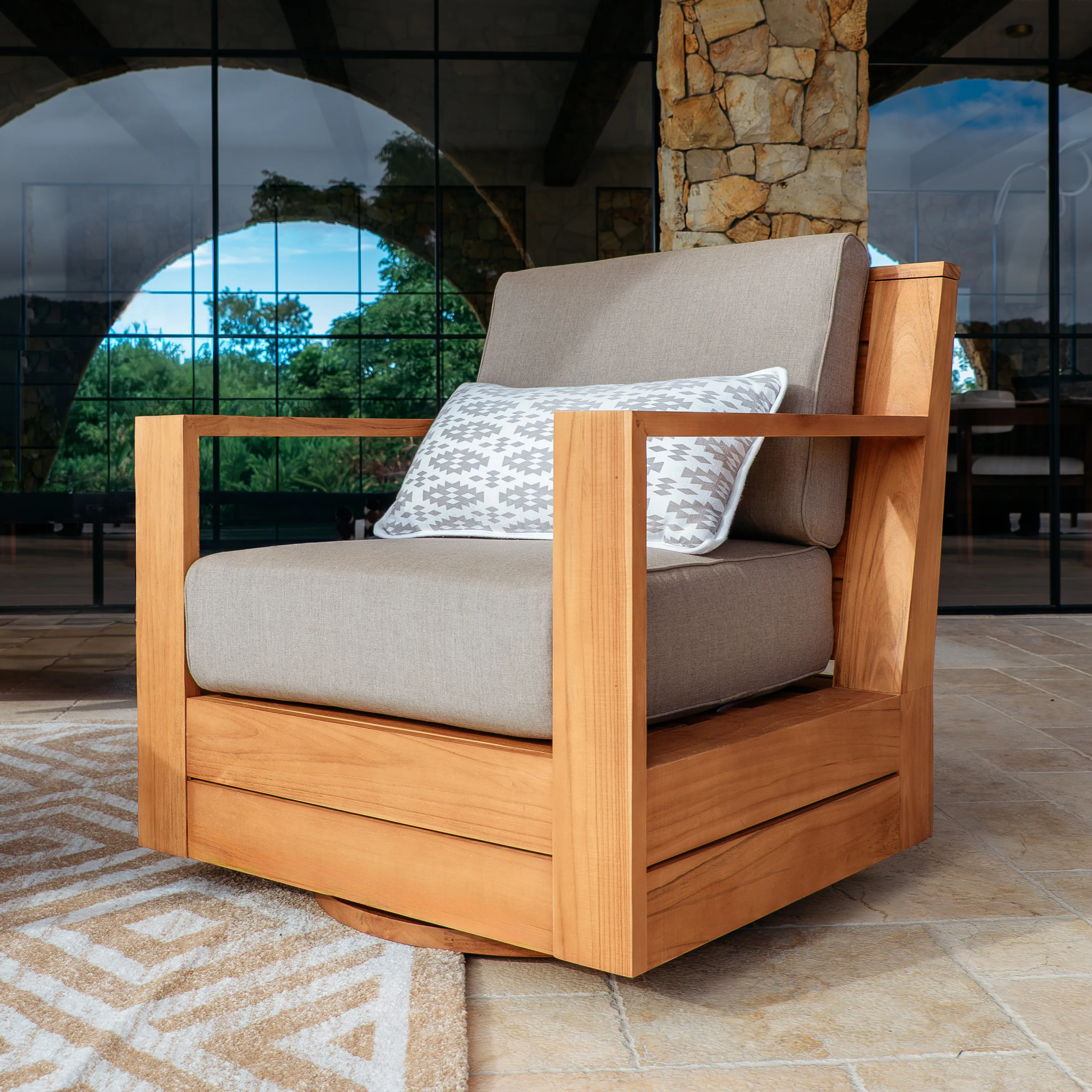 Logan Teak Wood 3 Piece Patio Conversation Set with Sunbrella Cast Shale Cushion - Image 6