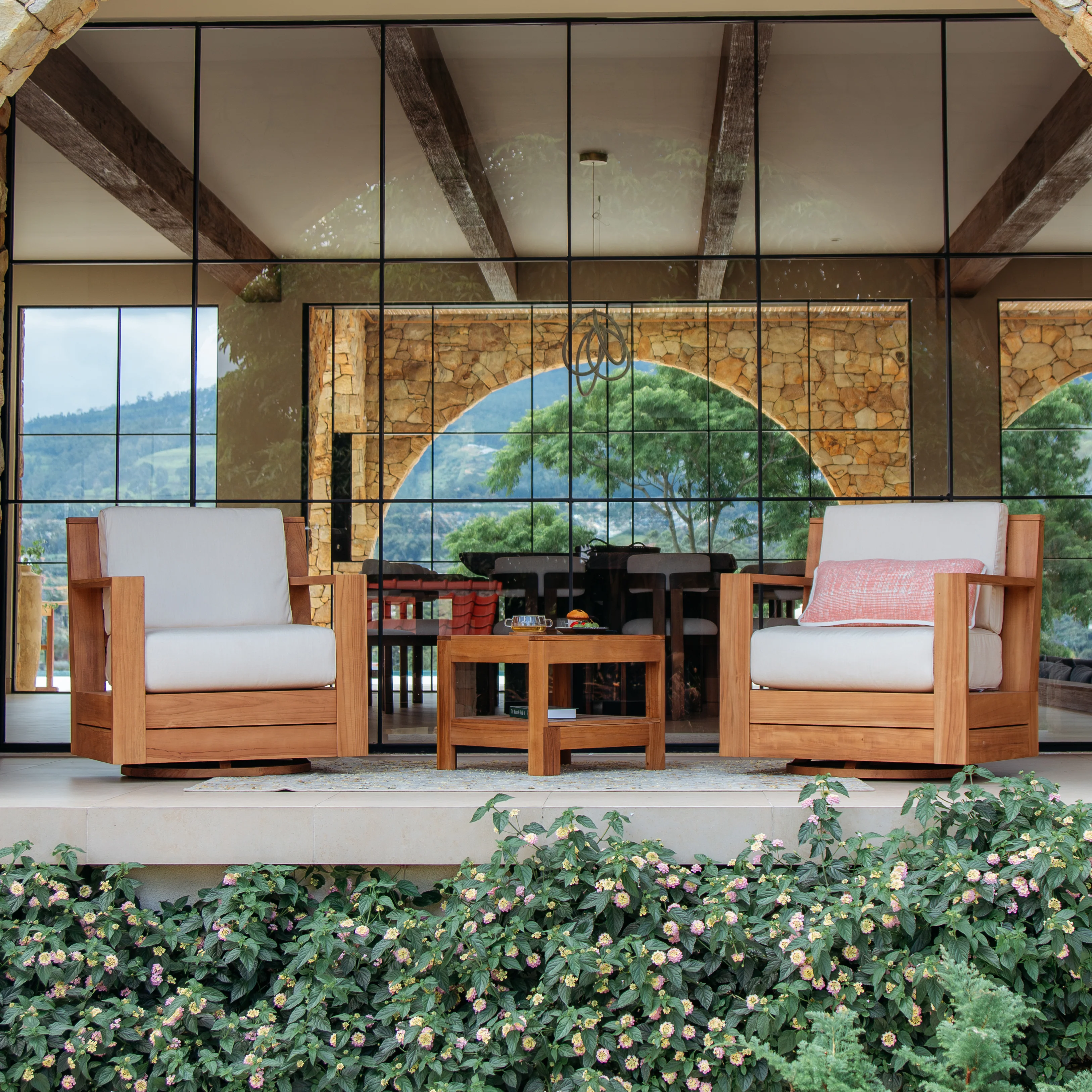 Logan Teak Wood 3 Piece Patio Conversation Set with Sunbrella Vellum Cushion - Image 4