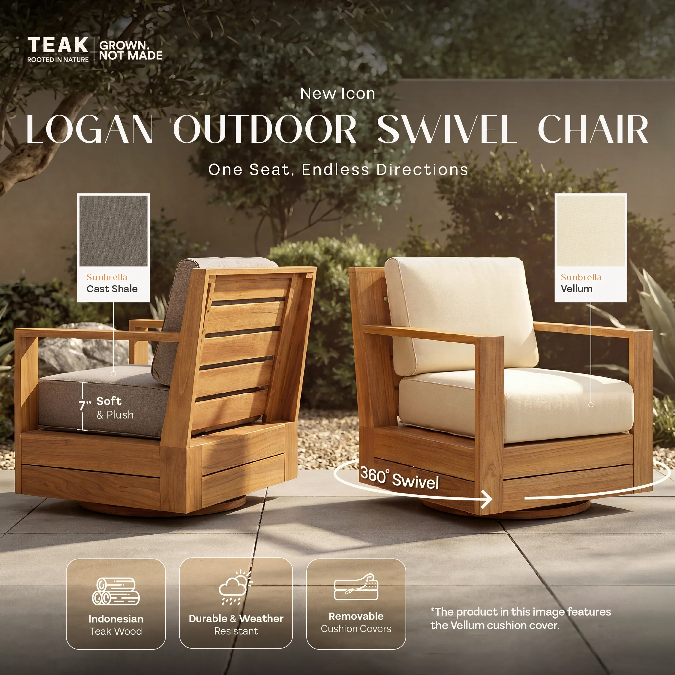 Logan Teak Wood 3 Piece Patio Conversation Set with Sunbrella Vellum Cushion - Image 5