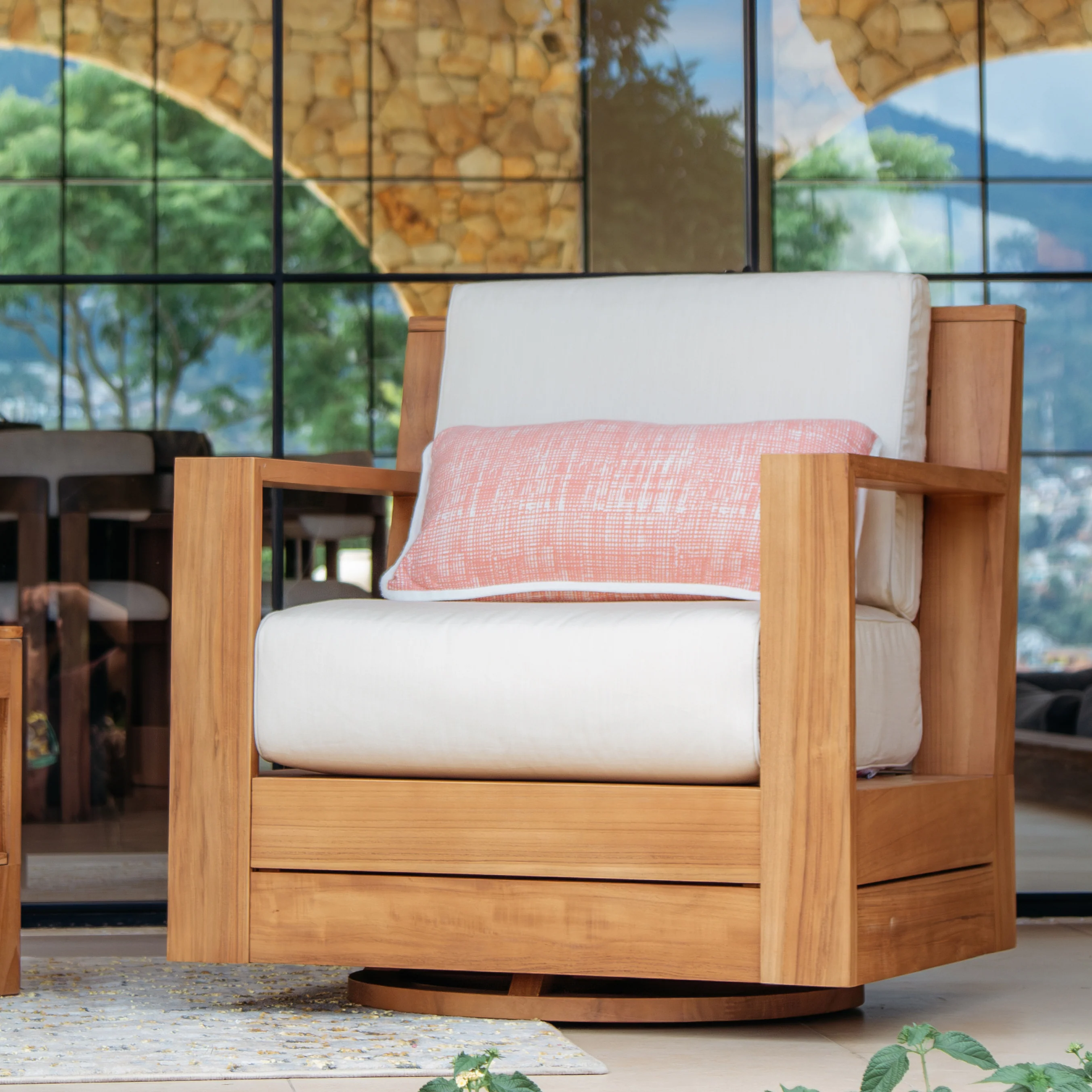 Logan Teak Wood 3 Piece Patio Conversation Set with Sunbrella Vellum Cushion - Image 6