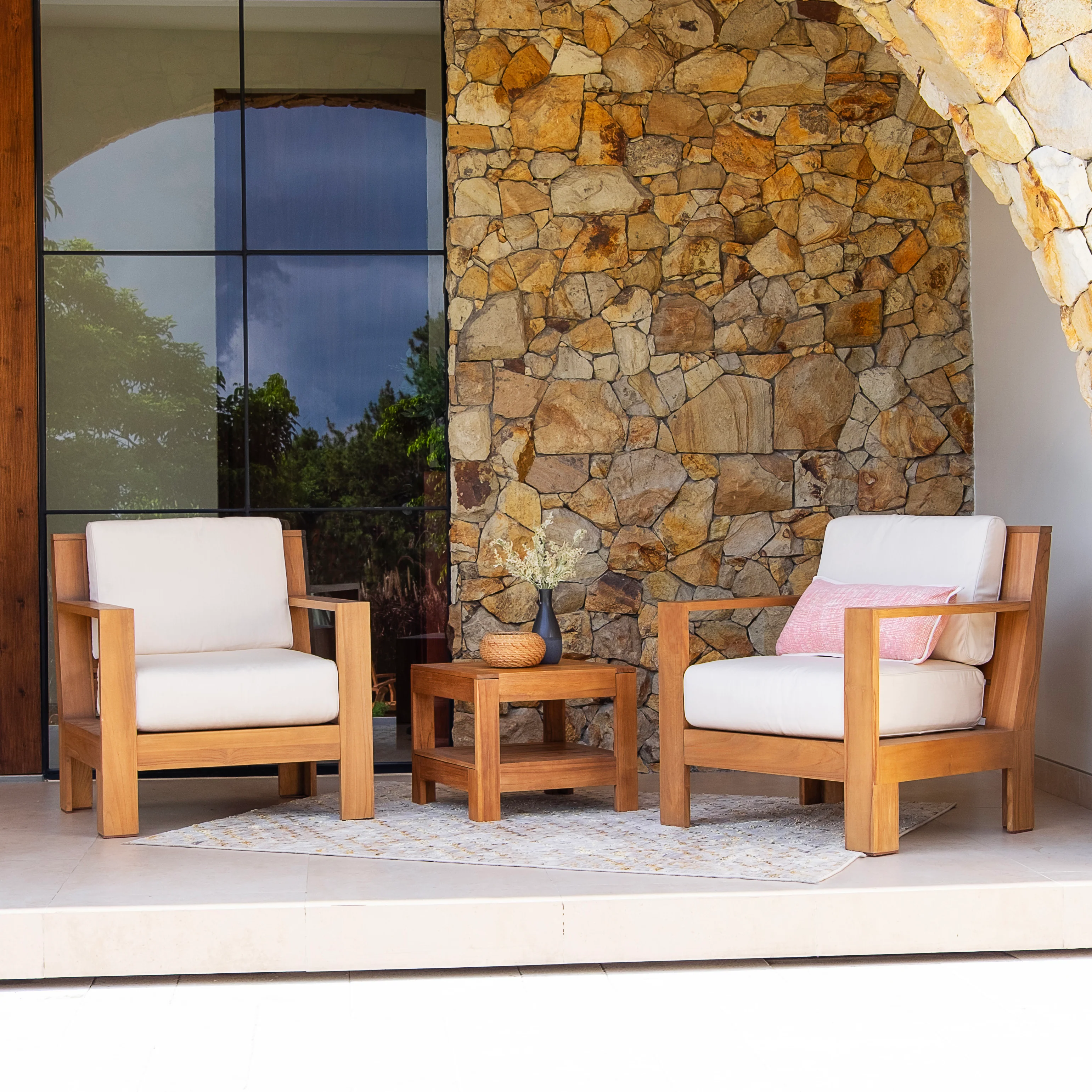 Logan Teak Wood 3 Pieces Patio Conversation Set with Sunbrella Vellum Cushion - Image 3
