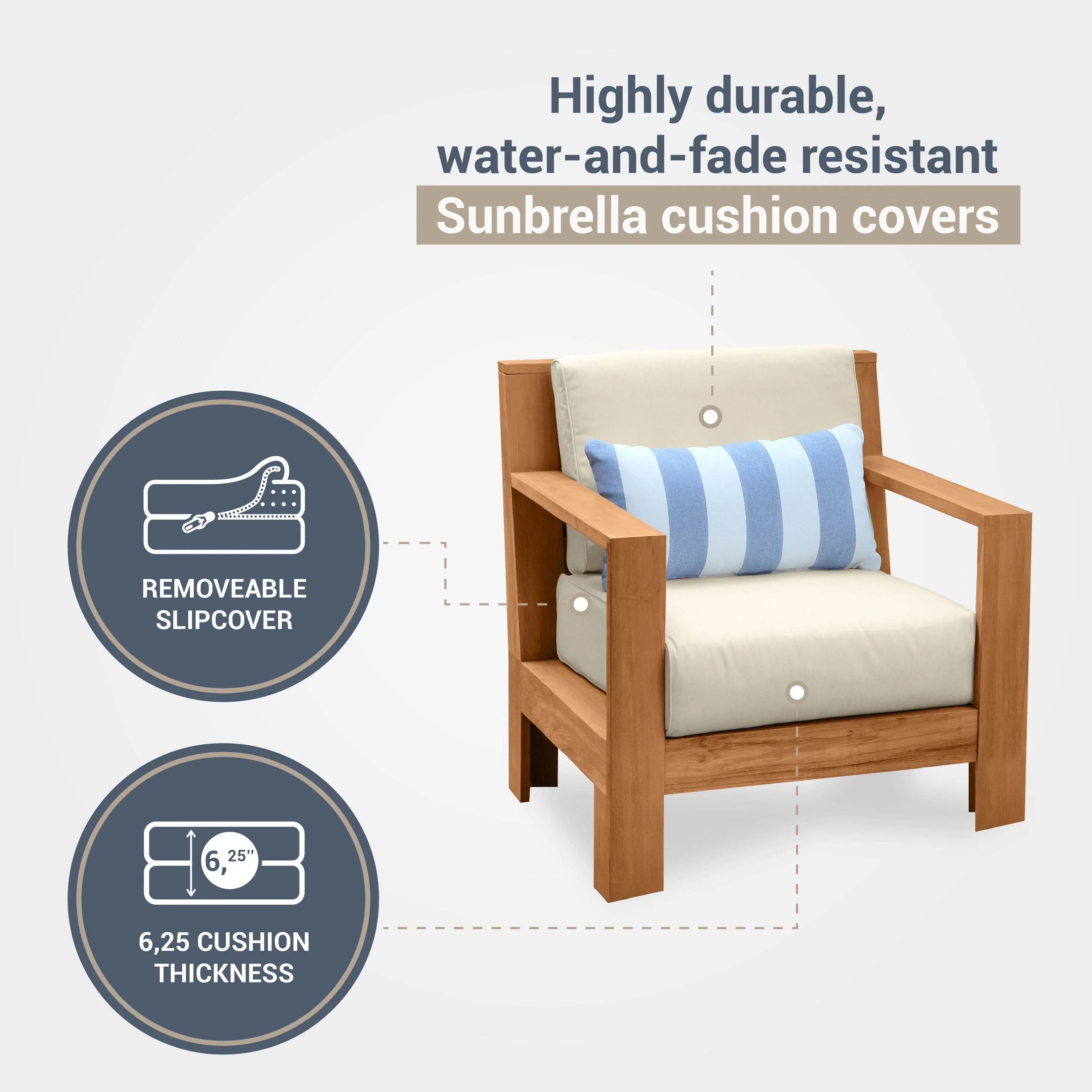Logan Teak Wood 3 Pieces Patio Conversation Set with Sunbrella Vellum Cushion - Image 7