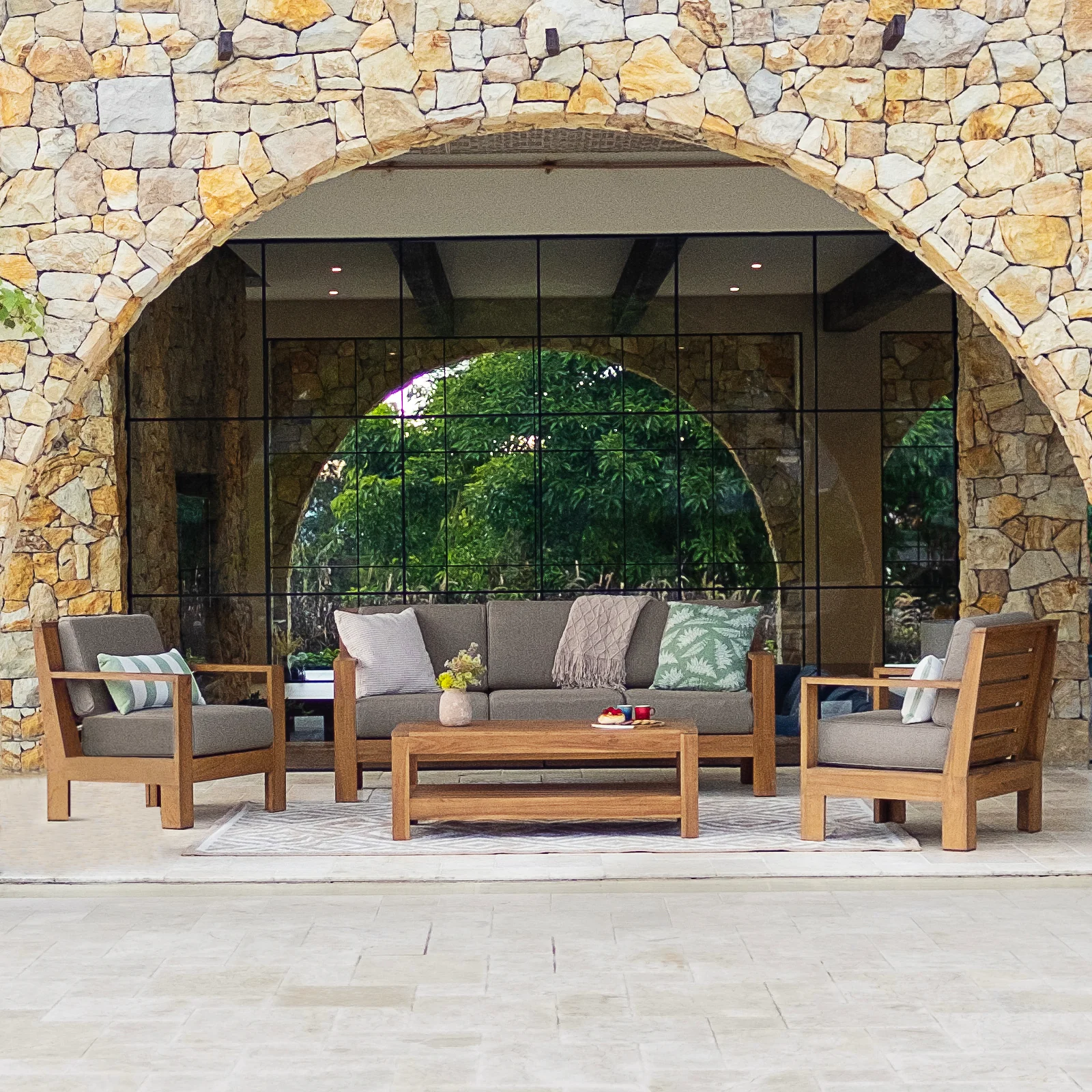 Logan Teak Wood 4 Piece Patio Conversation Set with Sunbrella Cast Shale Cushion - Image 2