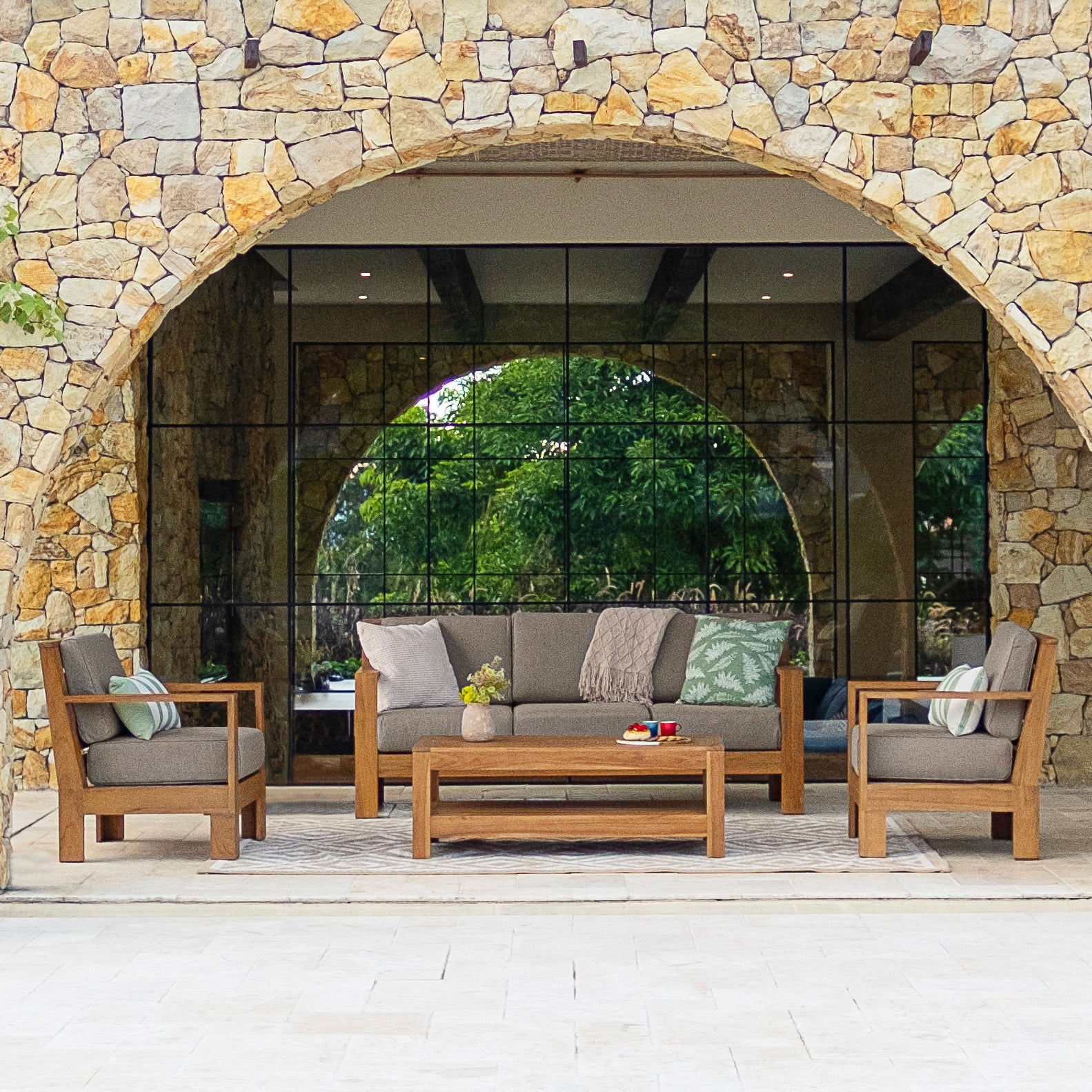 Logan Teak Wood 4 Piece Patio Conversation Set with Sunbrella Cast Shale Cushion - Image 3