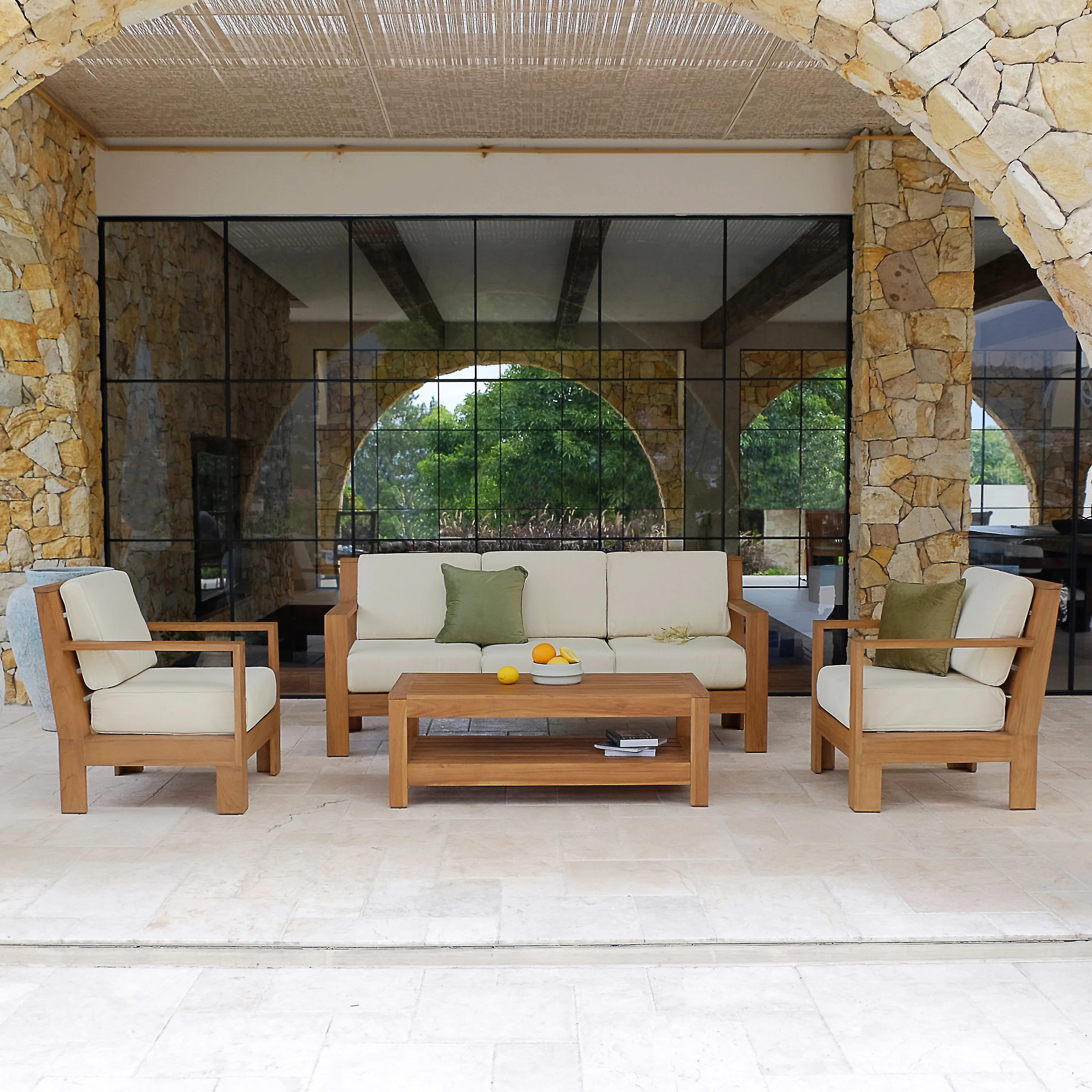 Logan Teak Wood 4 Piece Patio Conversation Set with Sunbrella Vellum Cushion - Image 2