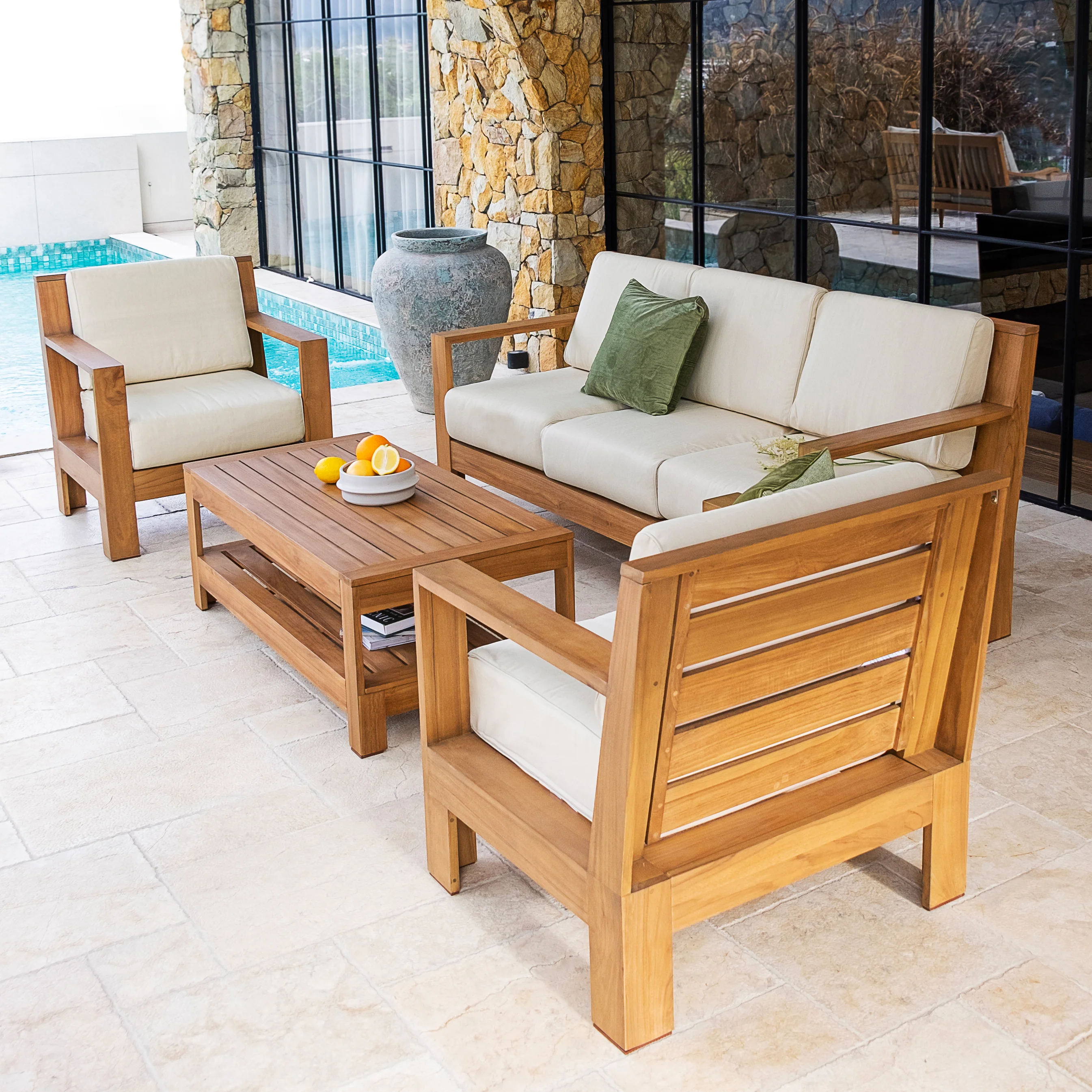 Logan Teak Wood 4 Piece Patio Conversation Set with Sunbrella Vellum Cushion - Image 3