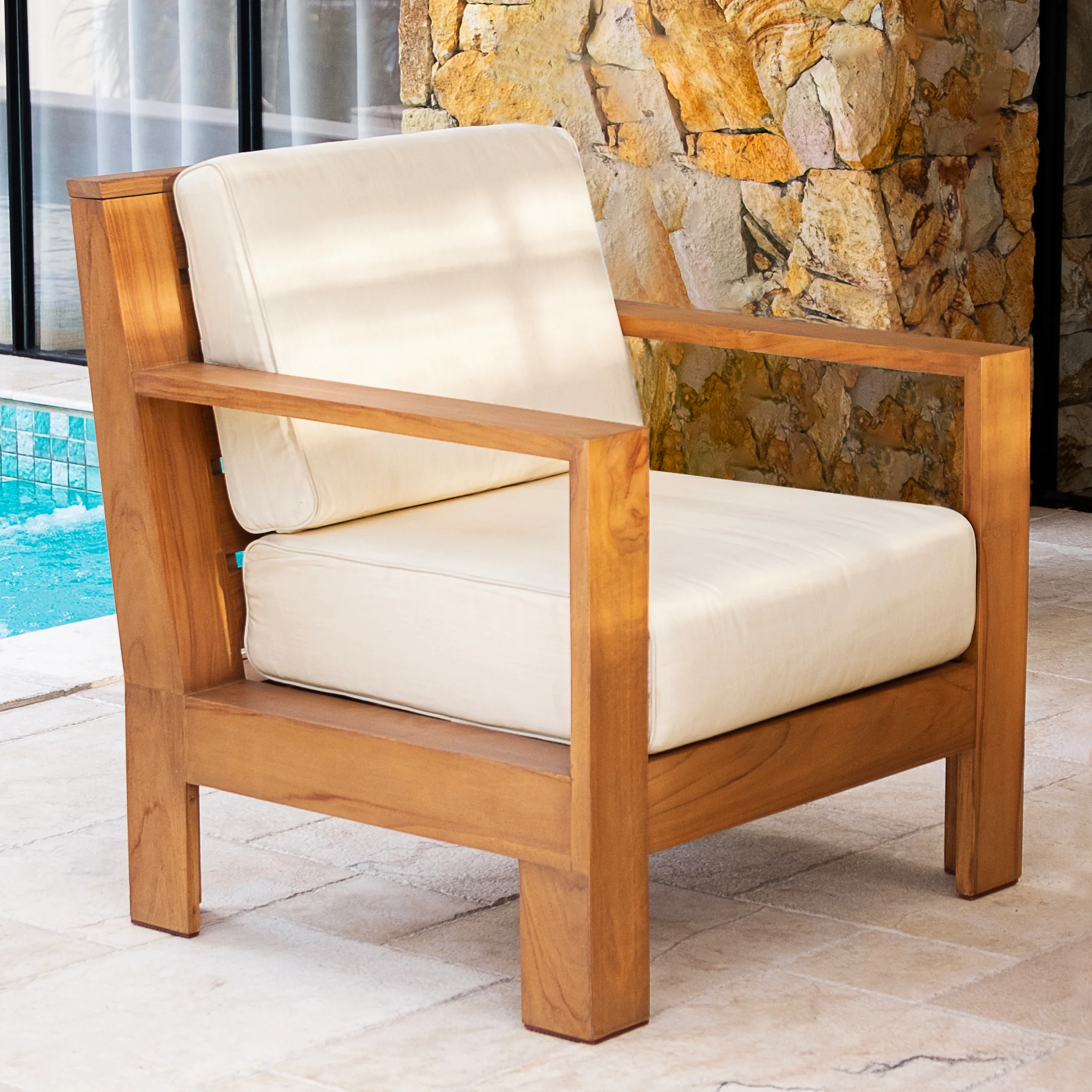 Logan Teak Wood 4 Piece Patio Conversation Set with Sunbrella Vellum Cushion - Image 5