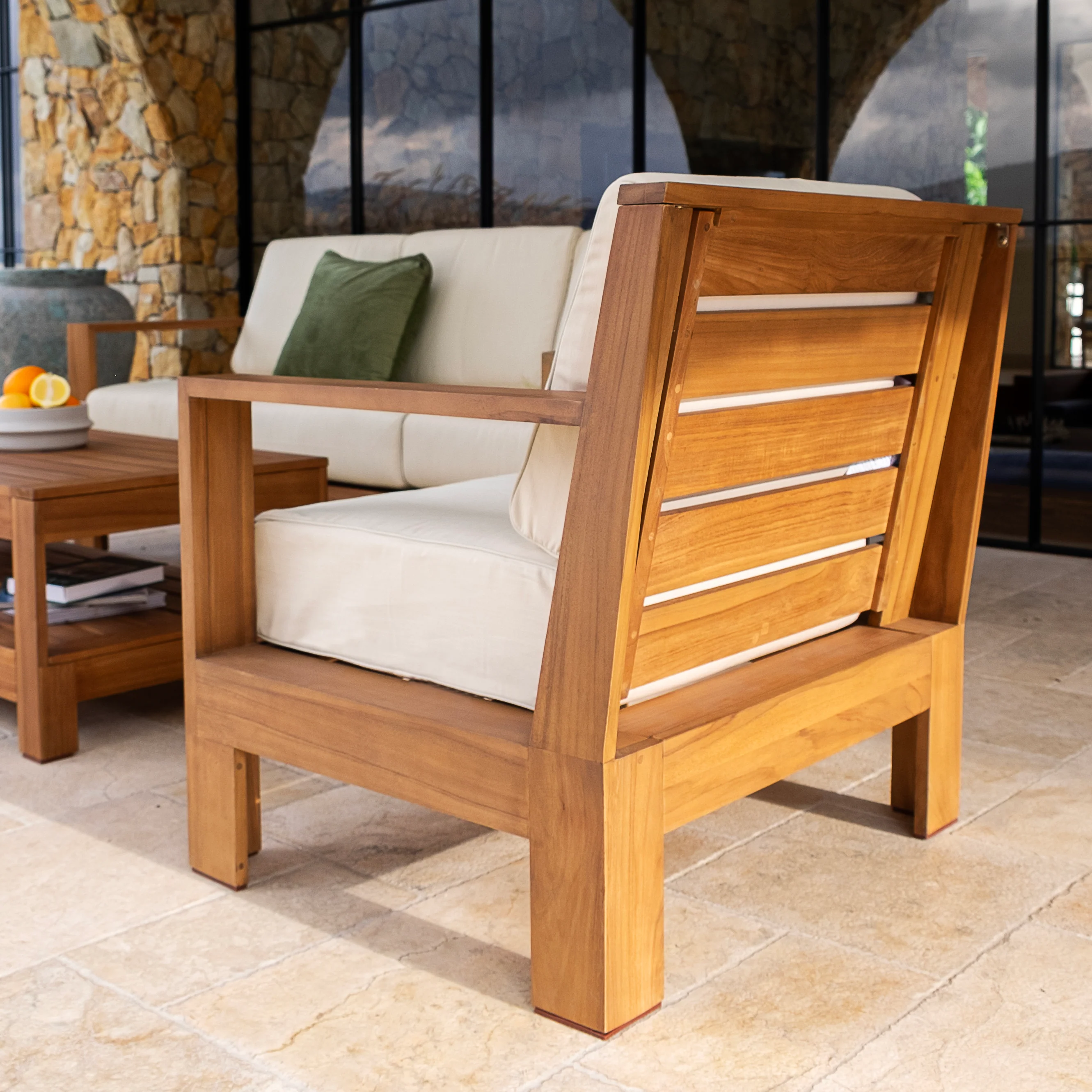 Logan Teak Wood 4 Piece Patio Conversation Set with Sunbrella Vellum Cushion - Image 7