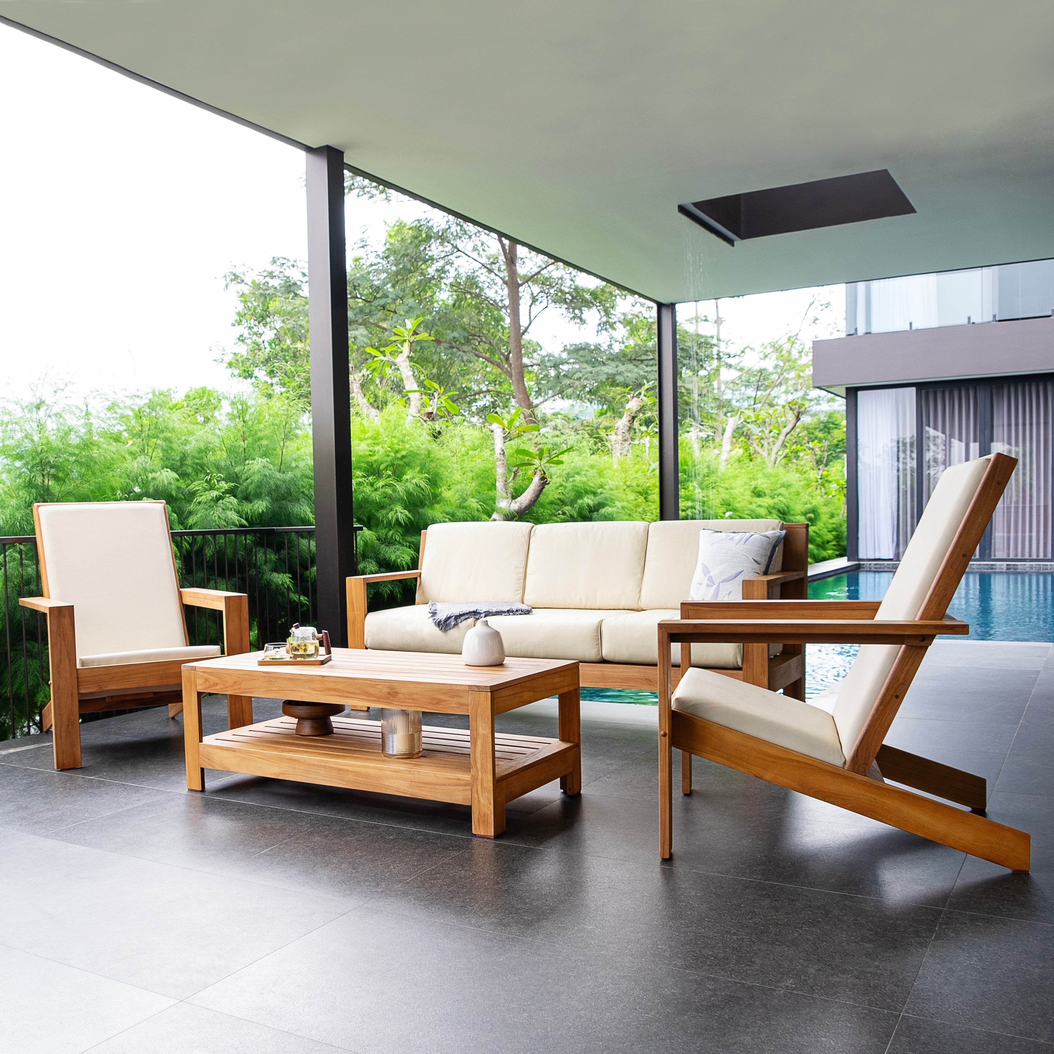 Logan Teak Wood 4 Pieces Modern Conversation Set with Padded Seat - Image 3