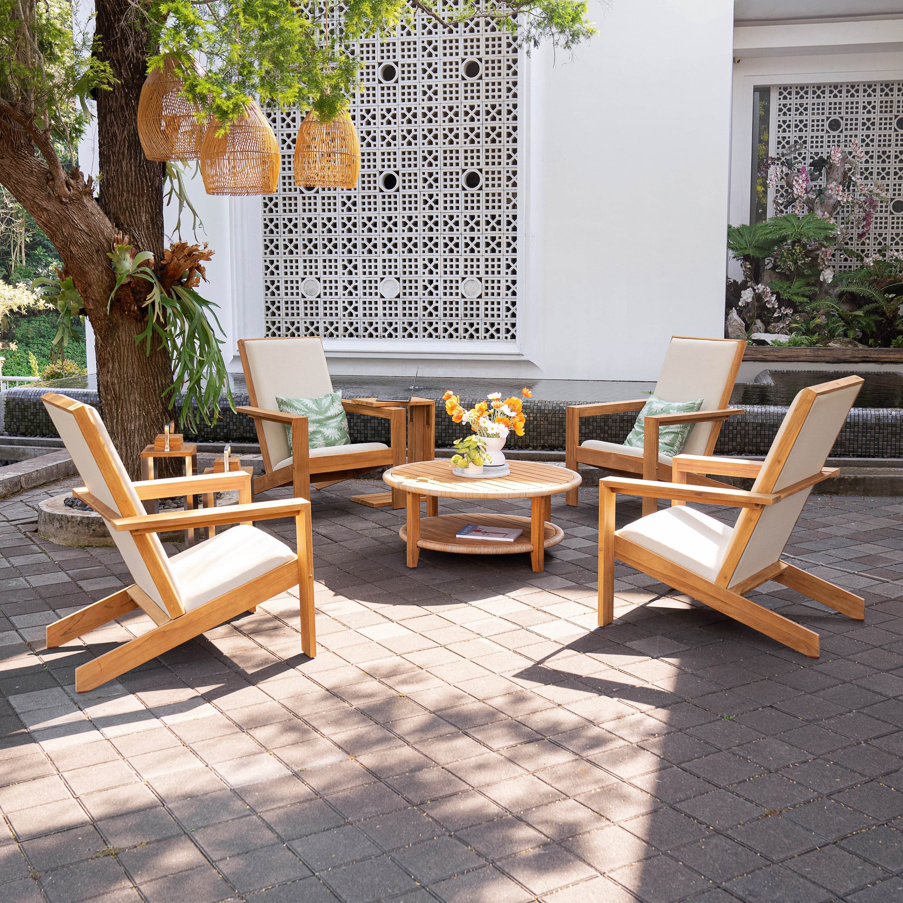 Logan Teak Wood 4 Pieces Modern Conversation Set with Padded Seat - Image 8