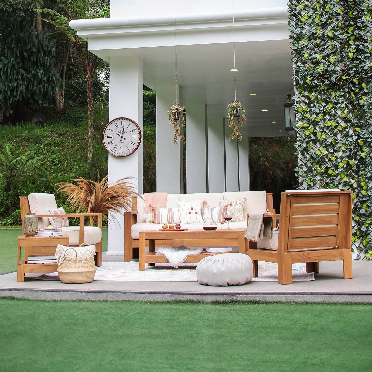 Logan Teak Wood 5 Pieces Patio Conversation Set with Sunbrella Vellum Cushion - Image 5