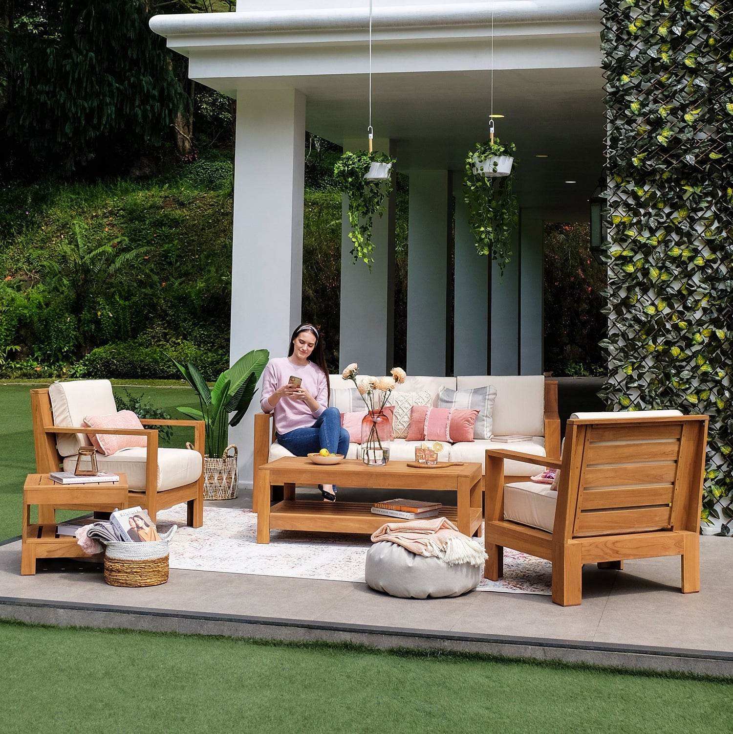 Logan Teak Wood 5 Pieces Patio Conversation Set with Sunbrella Vellum Cushion - Image 6