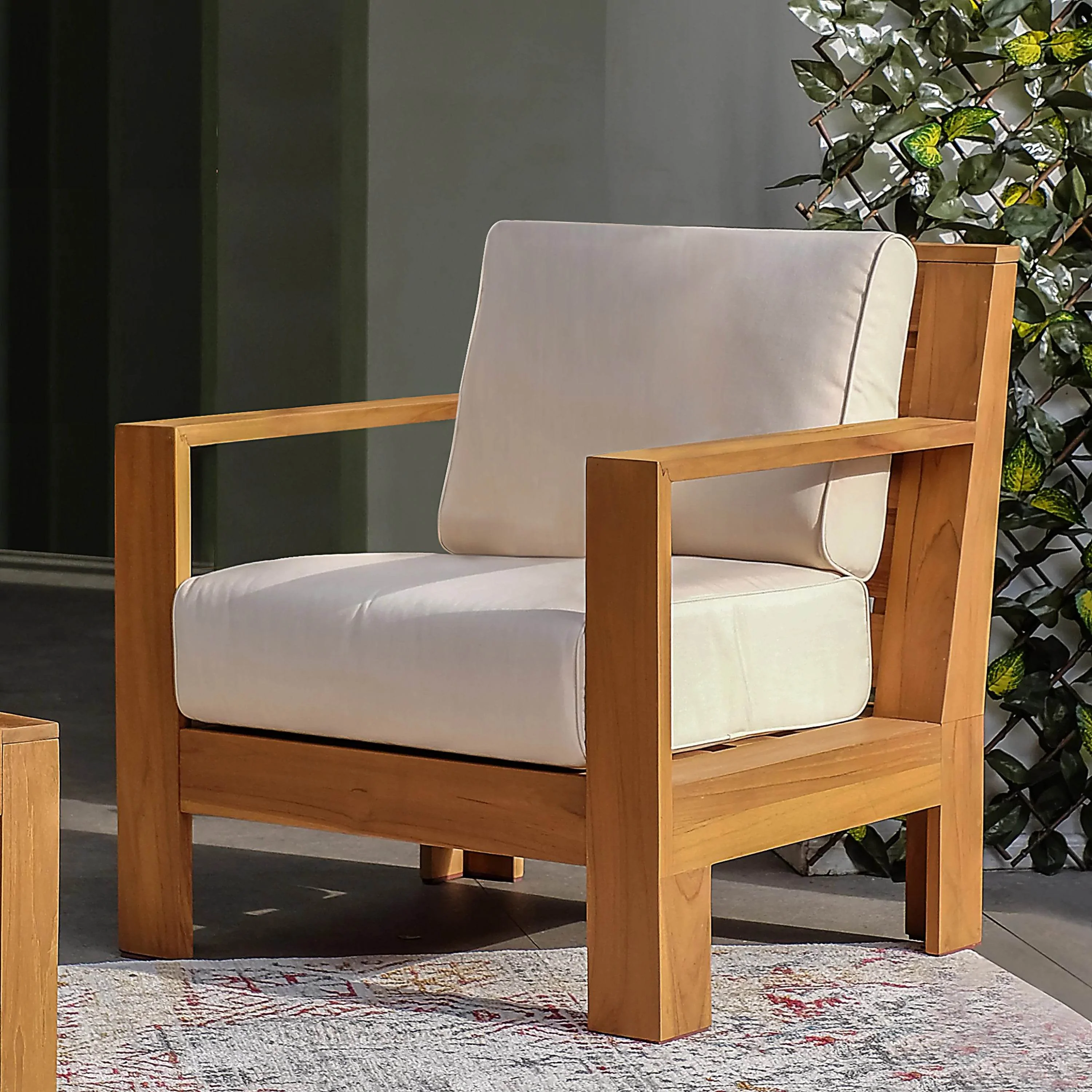 Logan Teak Wood 5 Pieces Patio Conversation Set with Sunbrella Vellum Cushion - Image 9